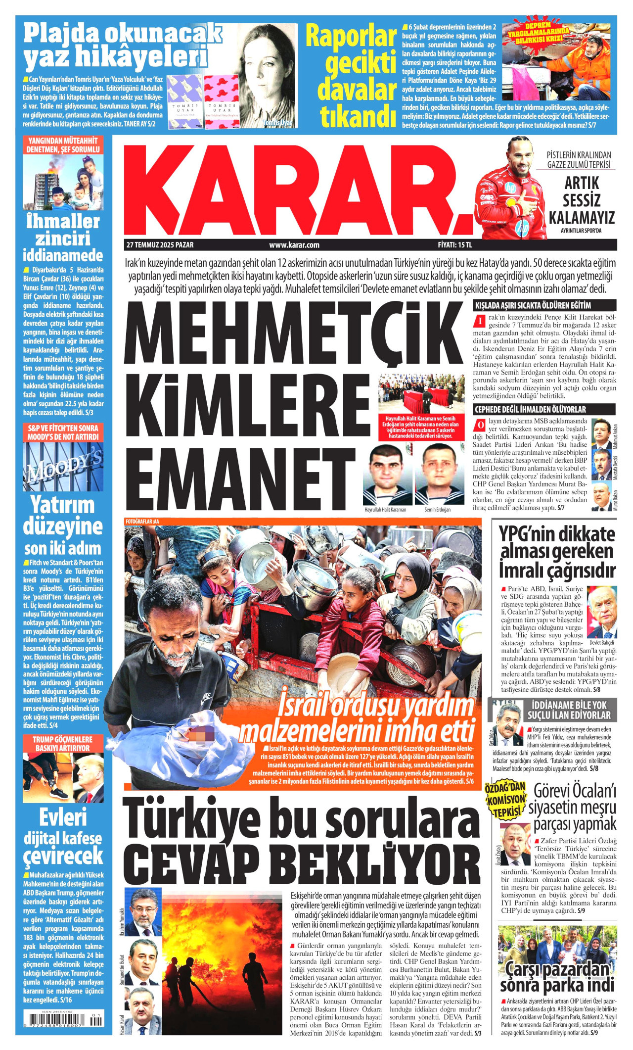 KARAR gazetesinin 27 Temmuz 2025 tarihli birinci sayfası