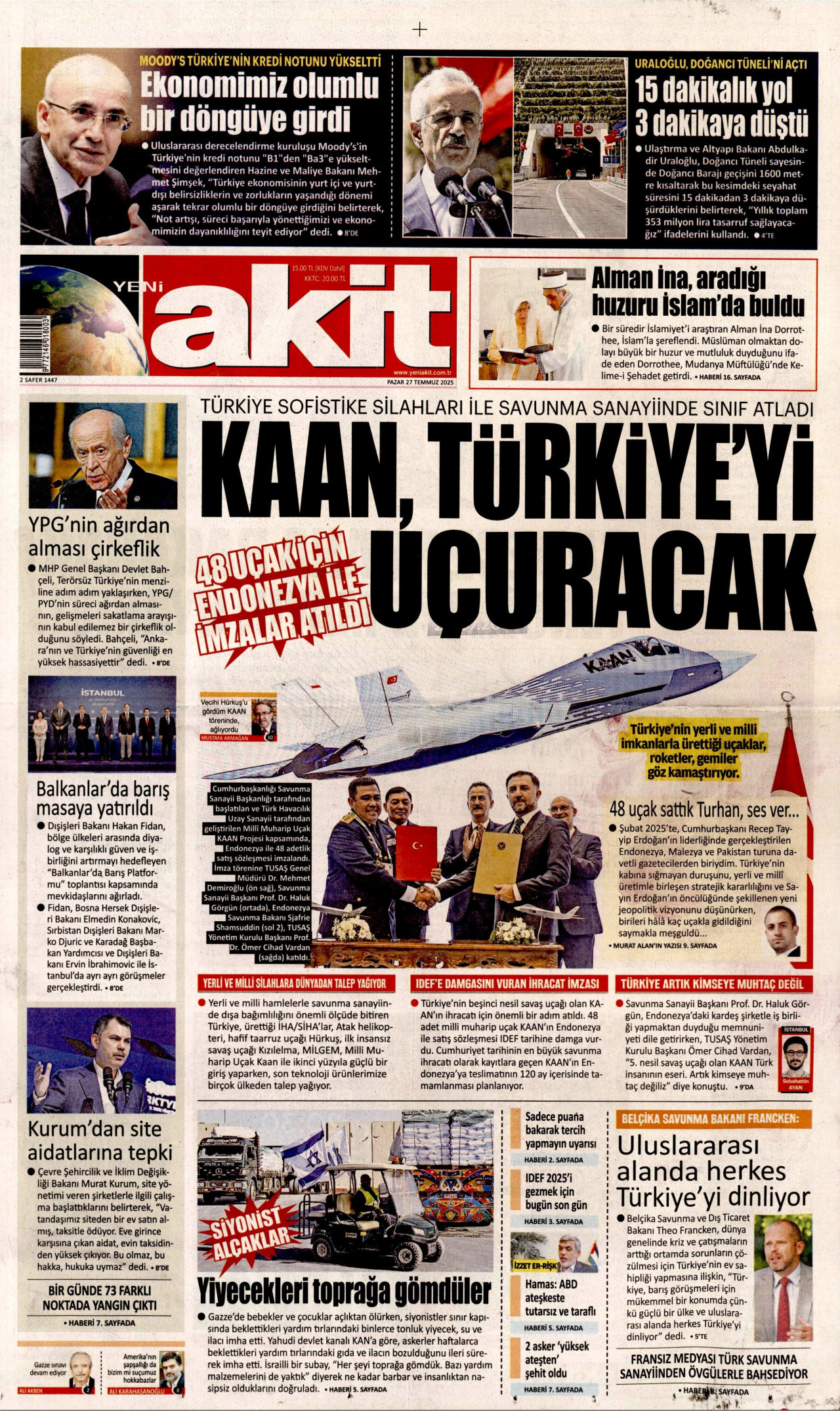 YENİ AKİT gazetesinin 27 Temmuz 2025 tarihli birinci sayfası