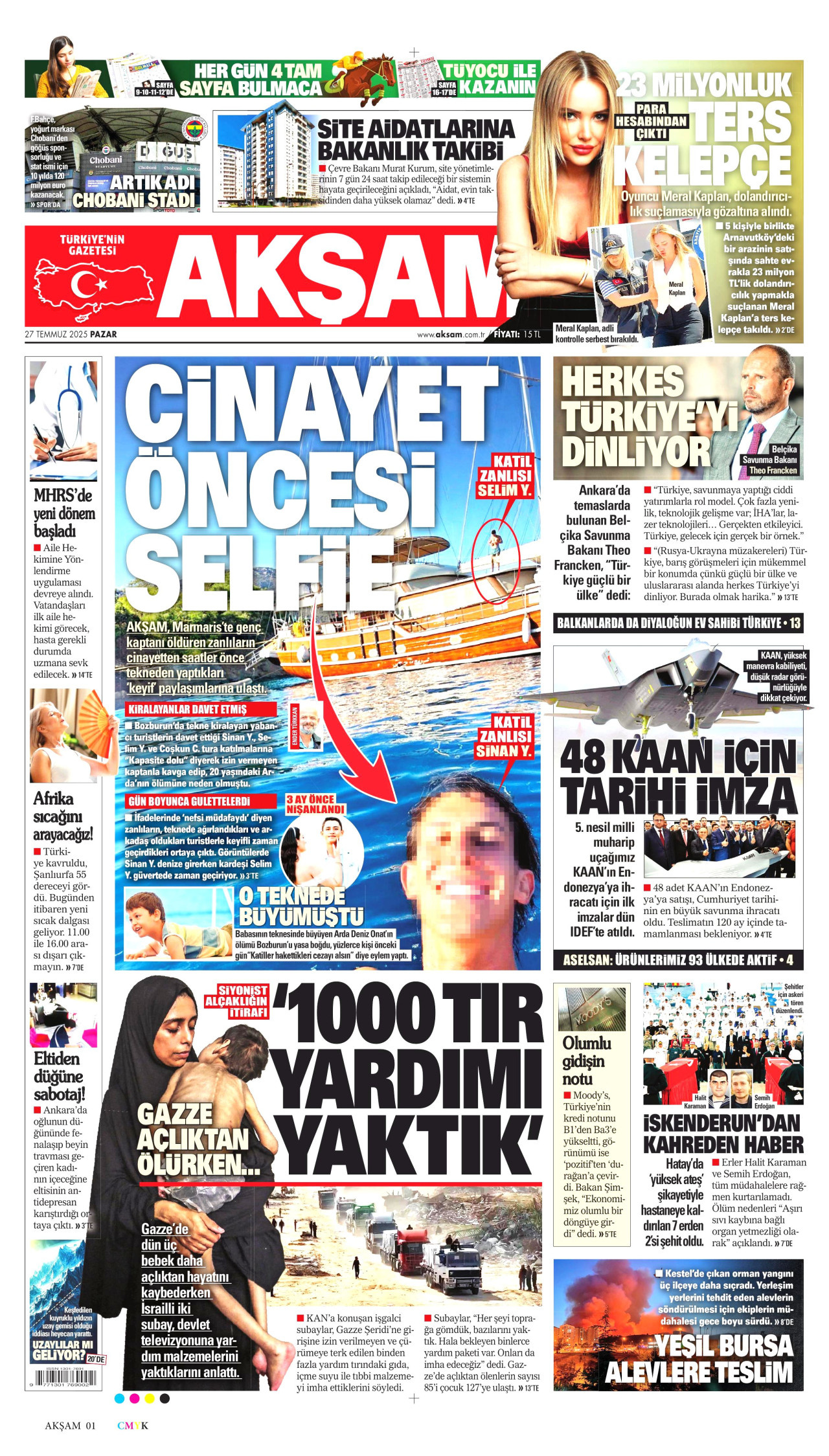 AKŞAM gazetesinin 27 Temmuz 2025 tarihli birinci sayfası