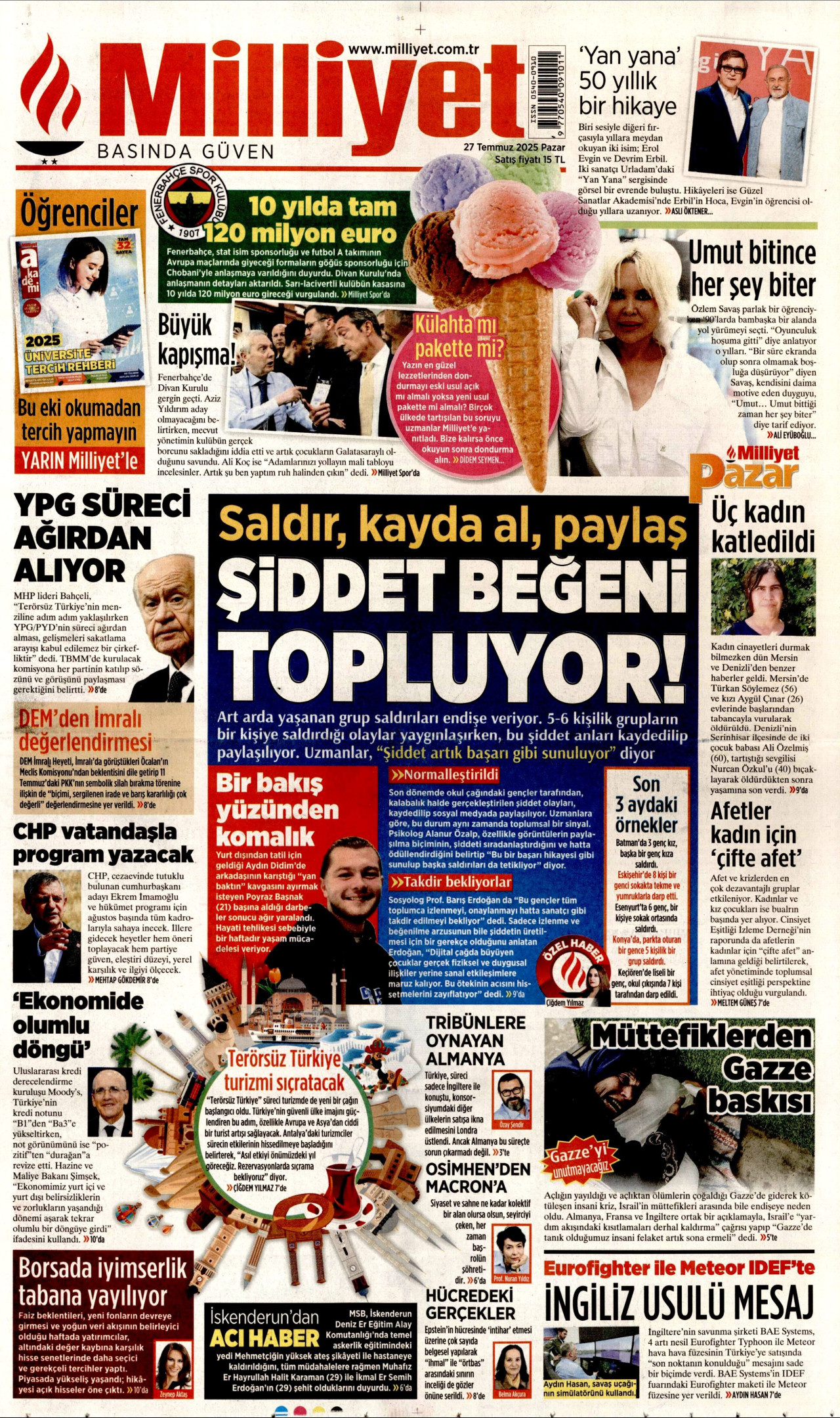 MİLLİYET gazetesinin 27 Temmuz 2025 tarihli birinci sayfası
