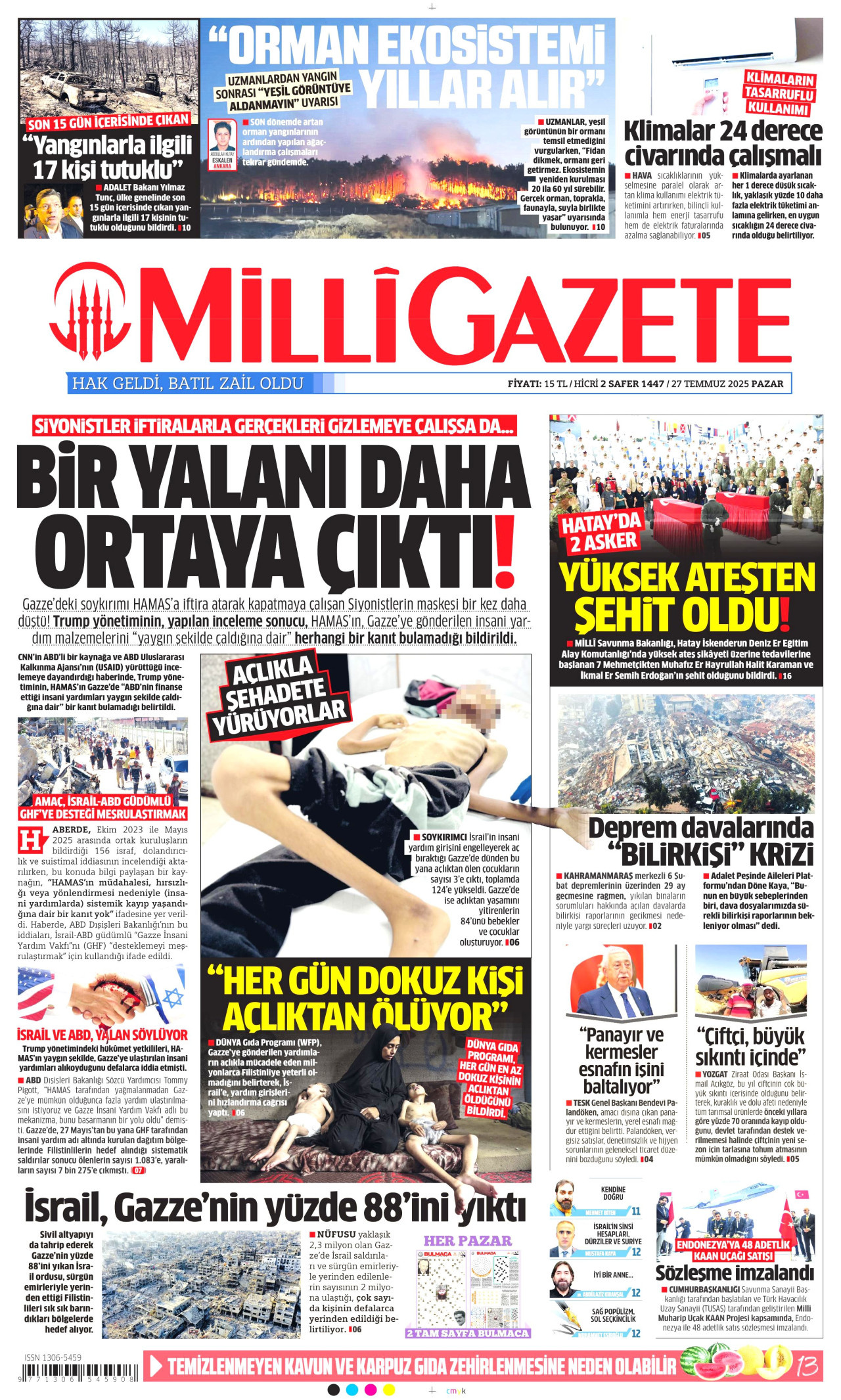 MİLLİ GAZETE gazetesinin 27 Temmuz 2025 tarihli birinci sayfası