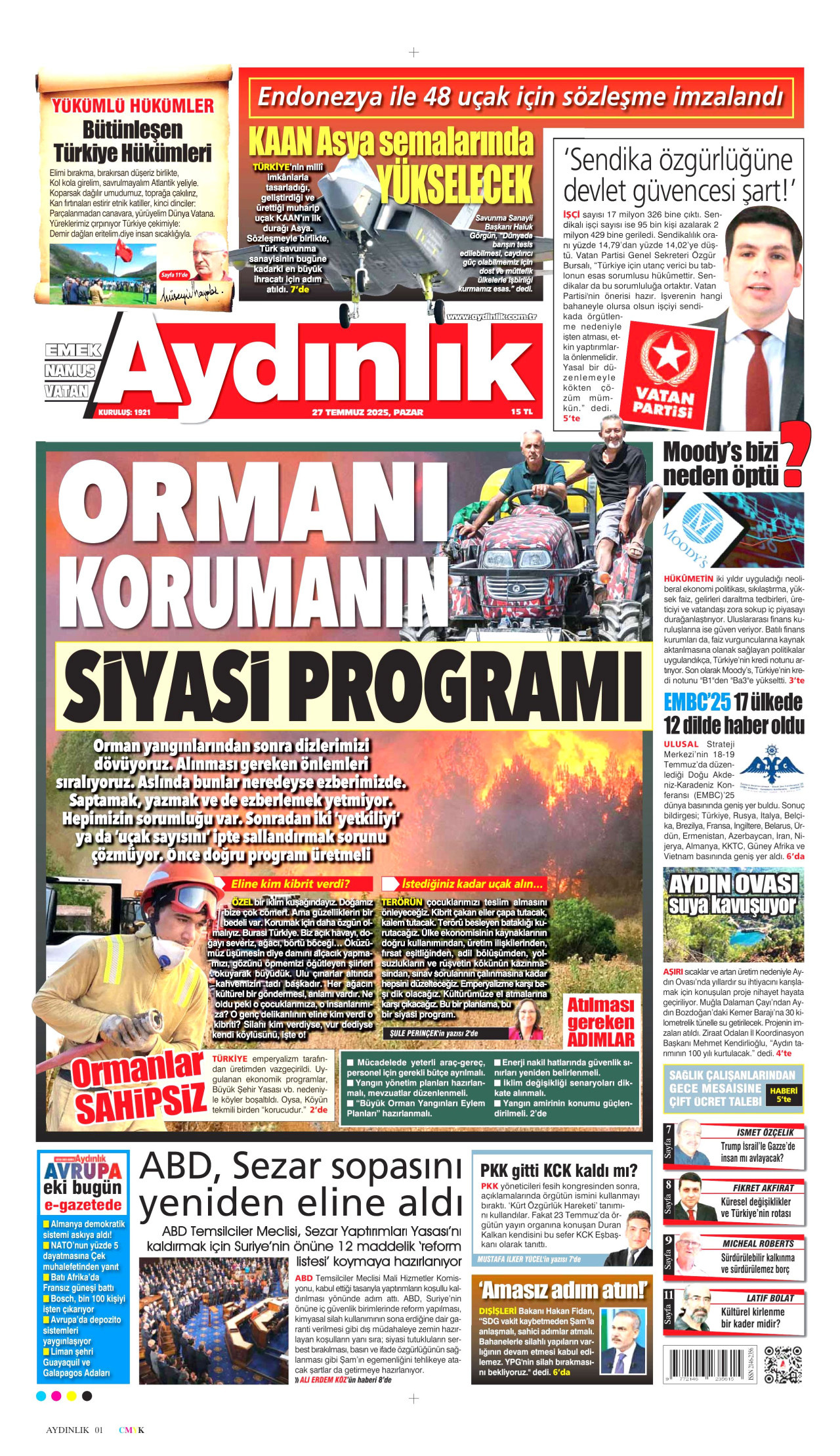 AYDINLIK GAZETESİ gazetesinin 27 Temmuz 2025 tarihli birinci sayfası