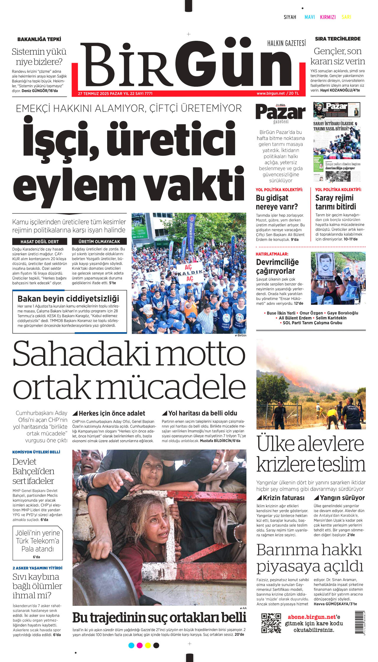 BİRGÜN gazetesinin 27 Temmuz 2025 tarihli birinci sayfası