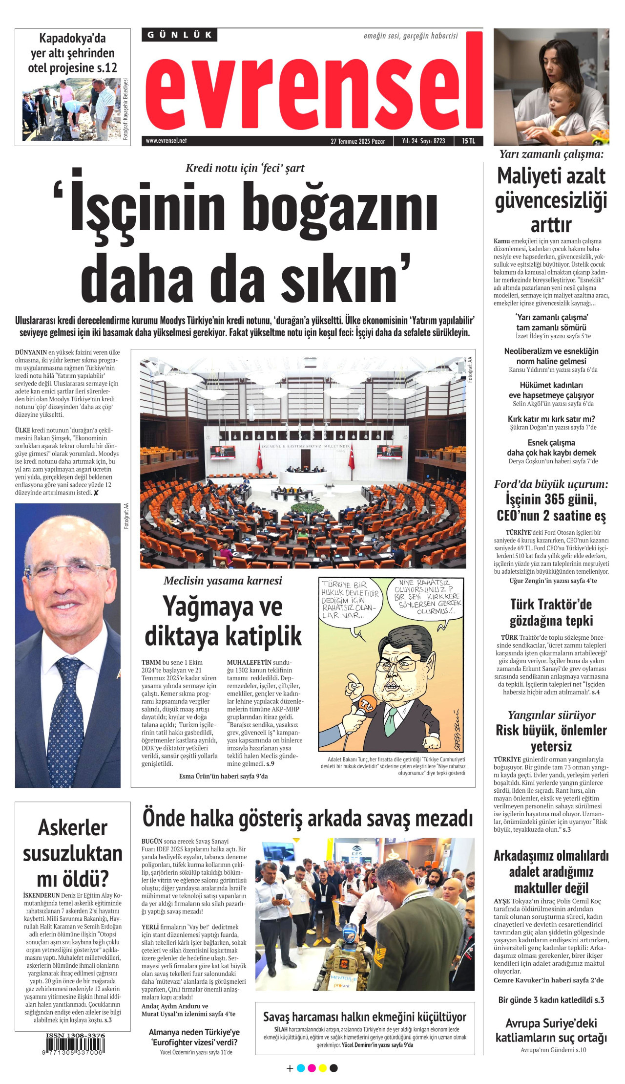 EVRENSEL gazetesinin 27 Temmuz 2025 tarihli birinci sayfası
