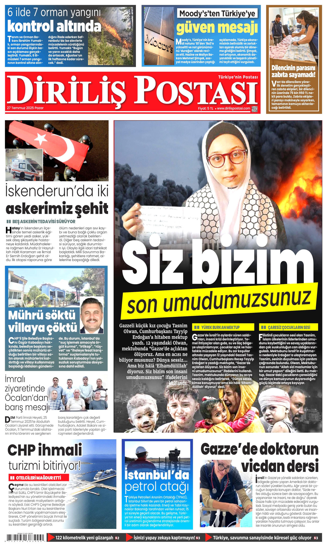 DİRİLİŞ POSTASI gazetesinin 27 Temmuz 2025 tarihli birinci sayfası