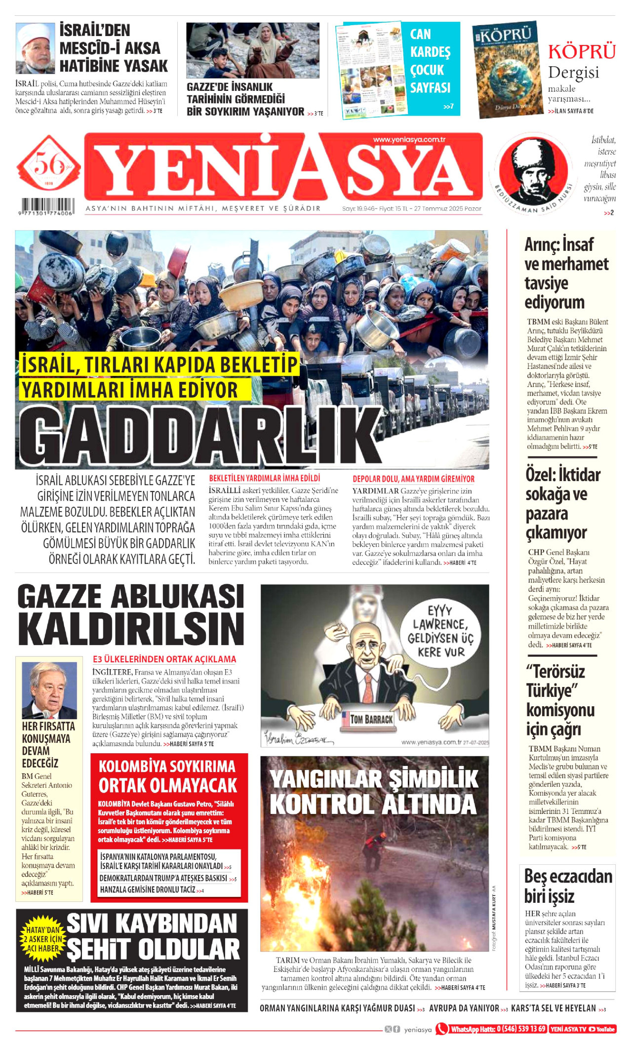 YENİ ASYA gazetesinin 27 Temmuz 2025 tarihli birinci sayfası