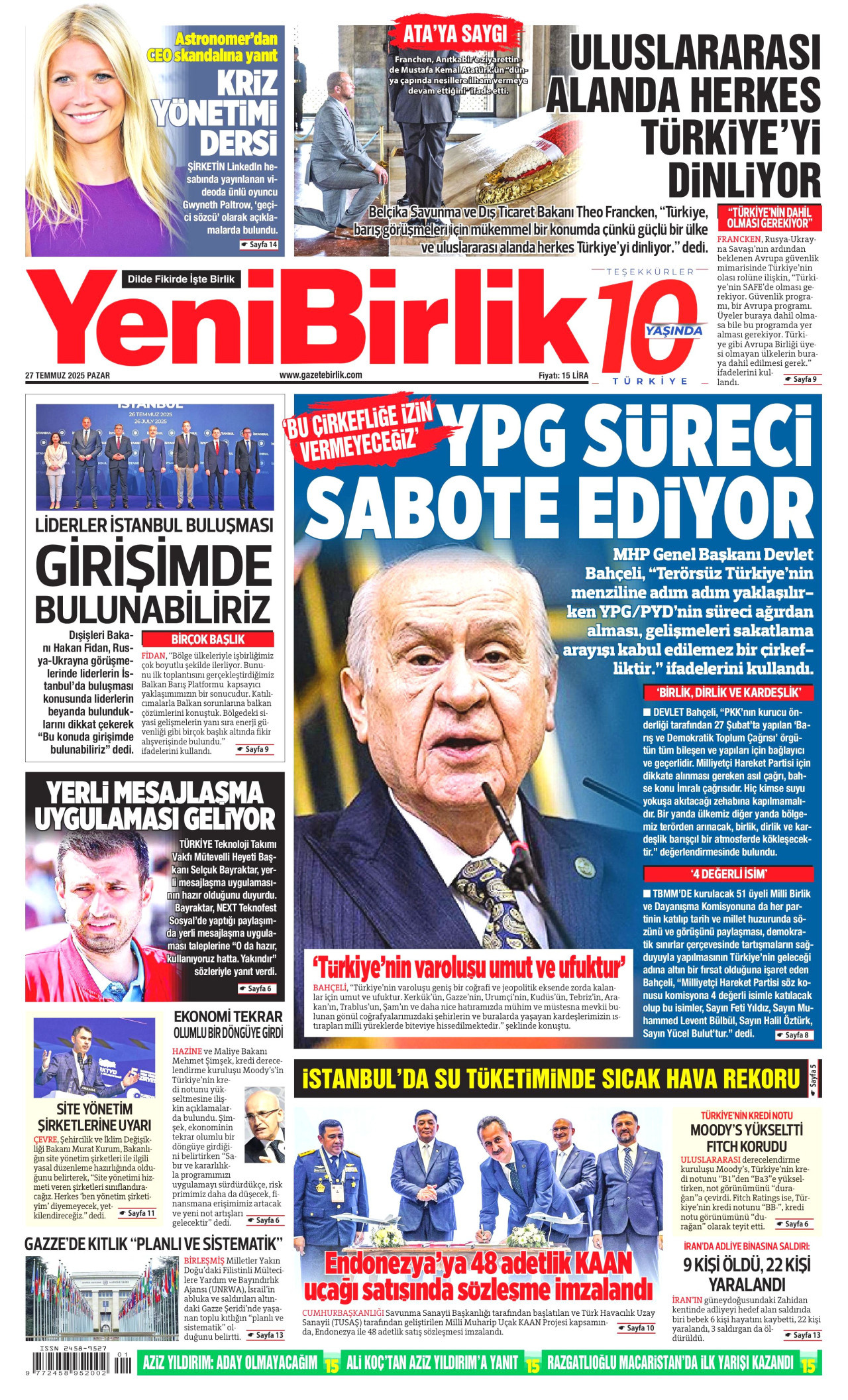YENİBİRLİK gazetesinin 27 Temmuz 2025 tarihli birinci sayfası