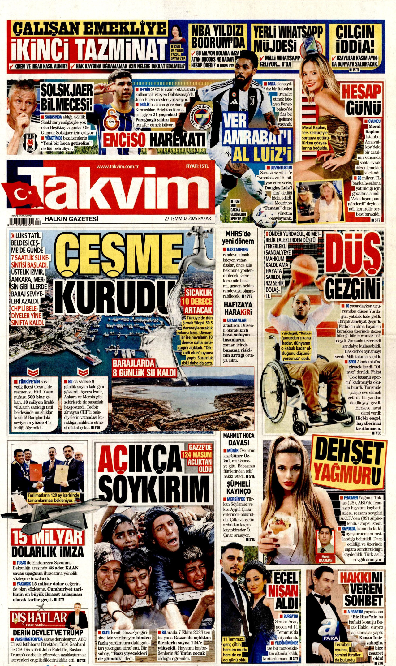 TAKVİM gazetesinin 27 Temmuz 2025 tarihli birinci sayfası