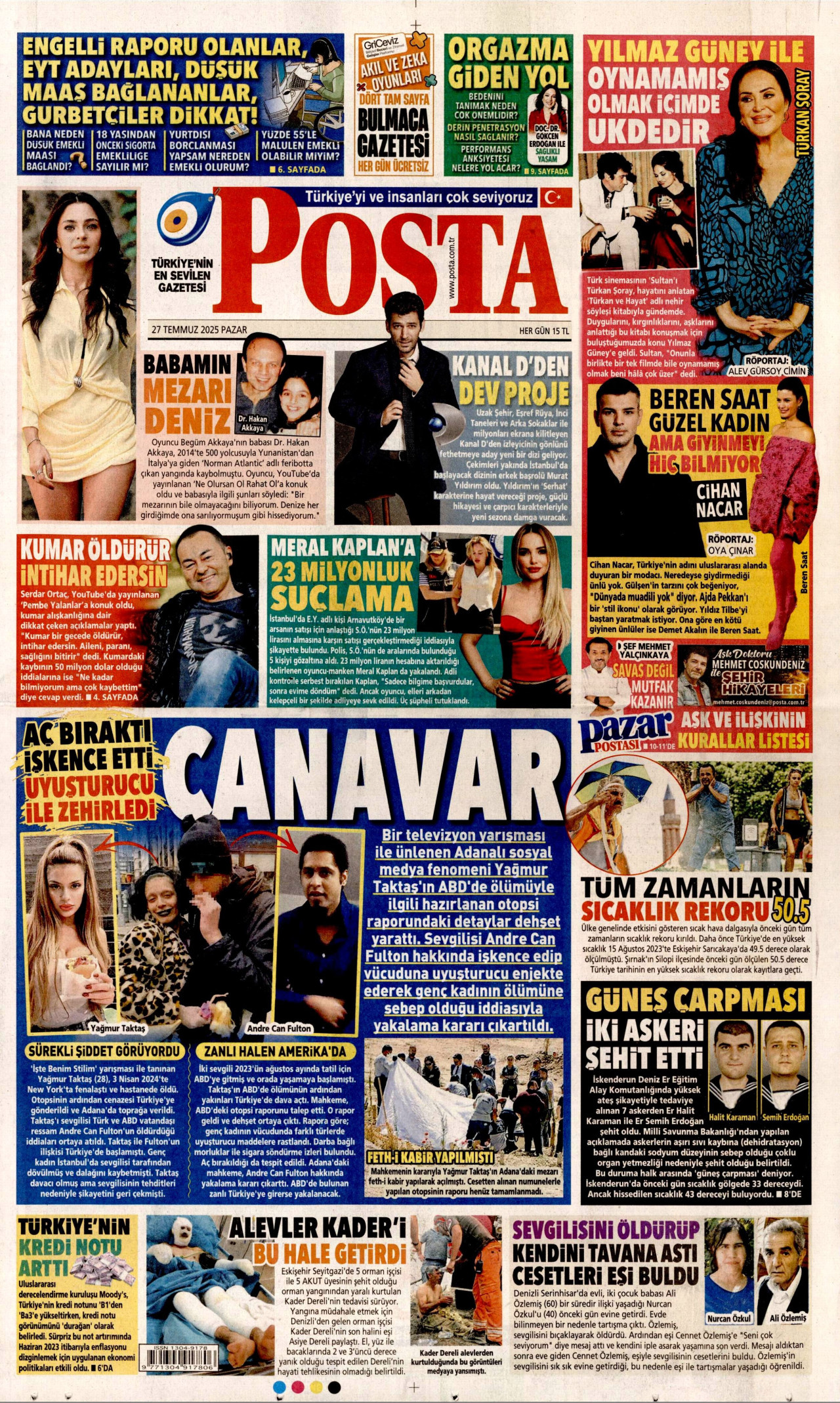 POSTA gazetesinin 27 Temmuz 2025 tarihli birinci sayfası