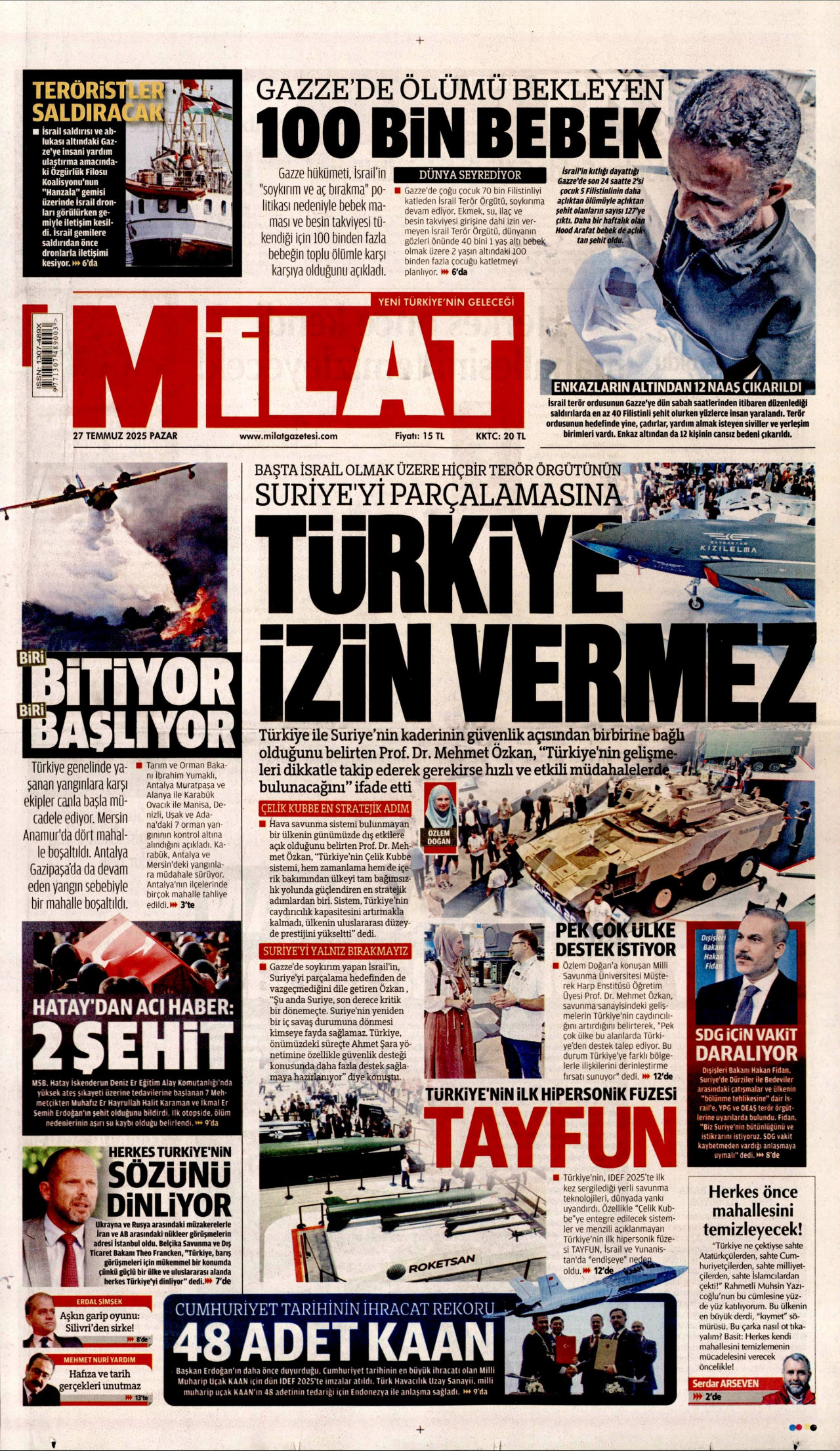 MİLAT gazetesinin 27 Temmuz 2025 tarihli birinci sayfası