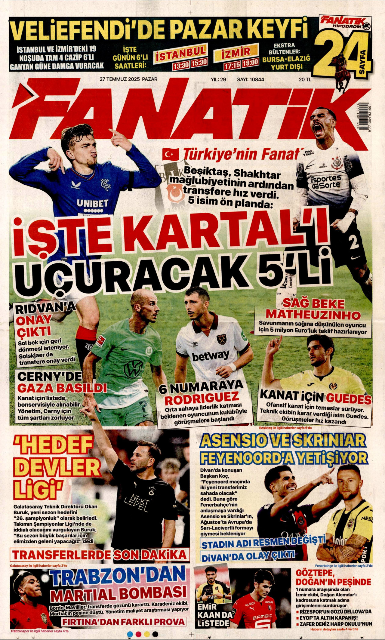 FANATİK gazetesinin 27 Temmuz 2025 tarihli birinci sayfası