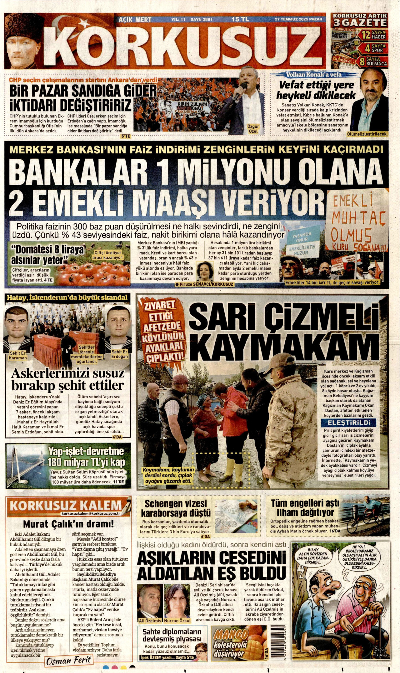 KORKUSUZ gazetesinin 27 Temmuz 2025 tarihli birinci sayfası