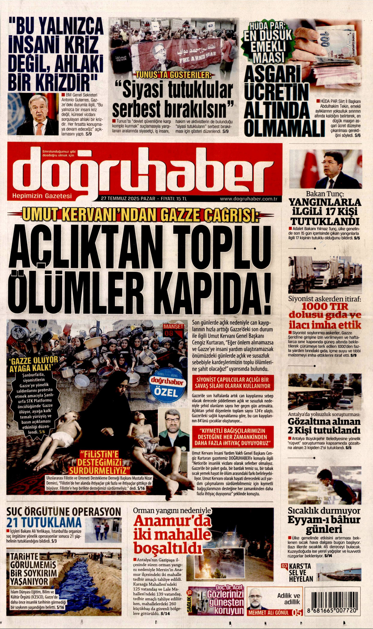 DOĞRU HABER gazetesinin 27 Temmuz 2025 tarihli birinci sayfası