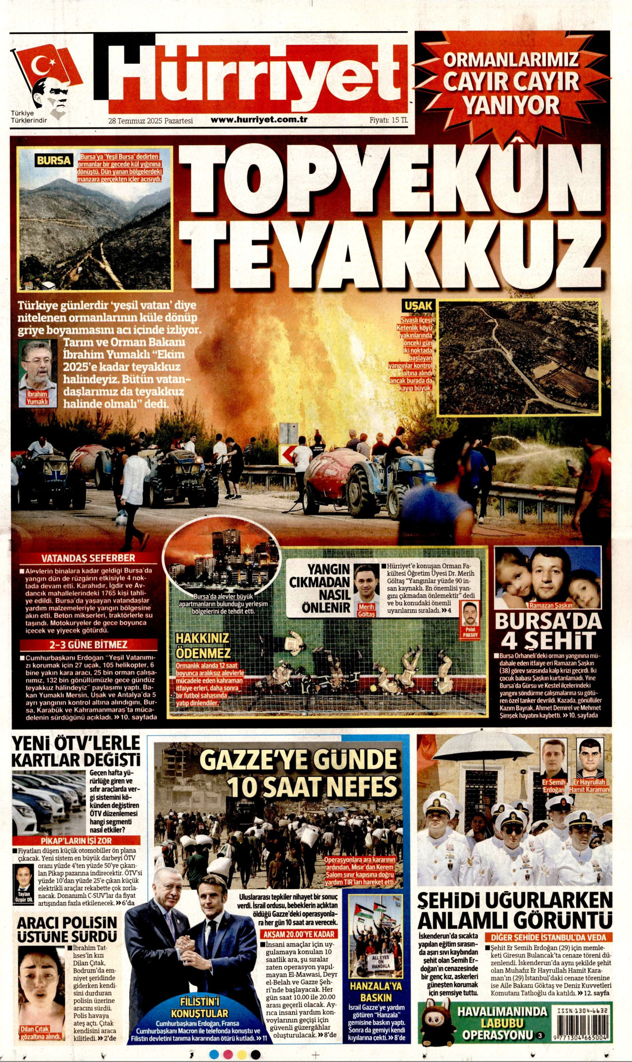 HÜRRİYET gazetesinin 28 Temmuz 2025 tarihli birinci sayfası