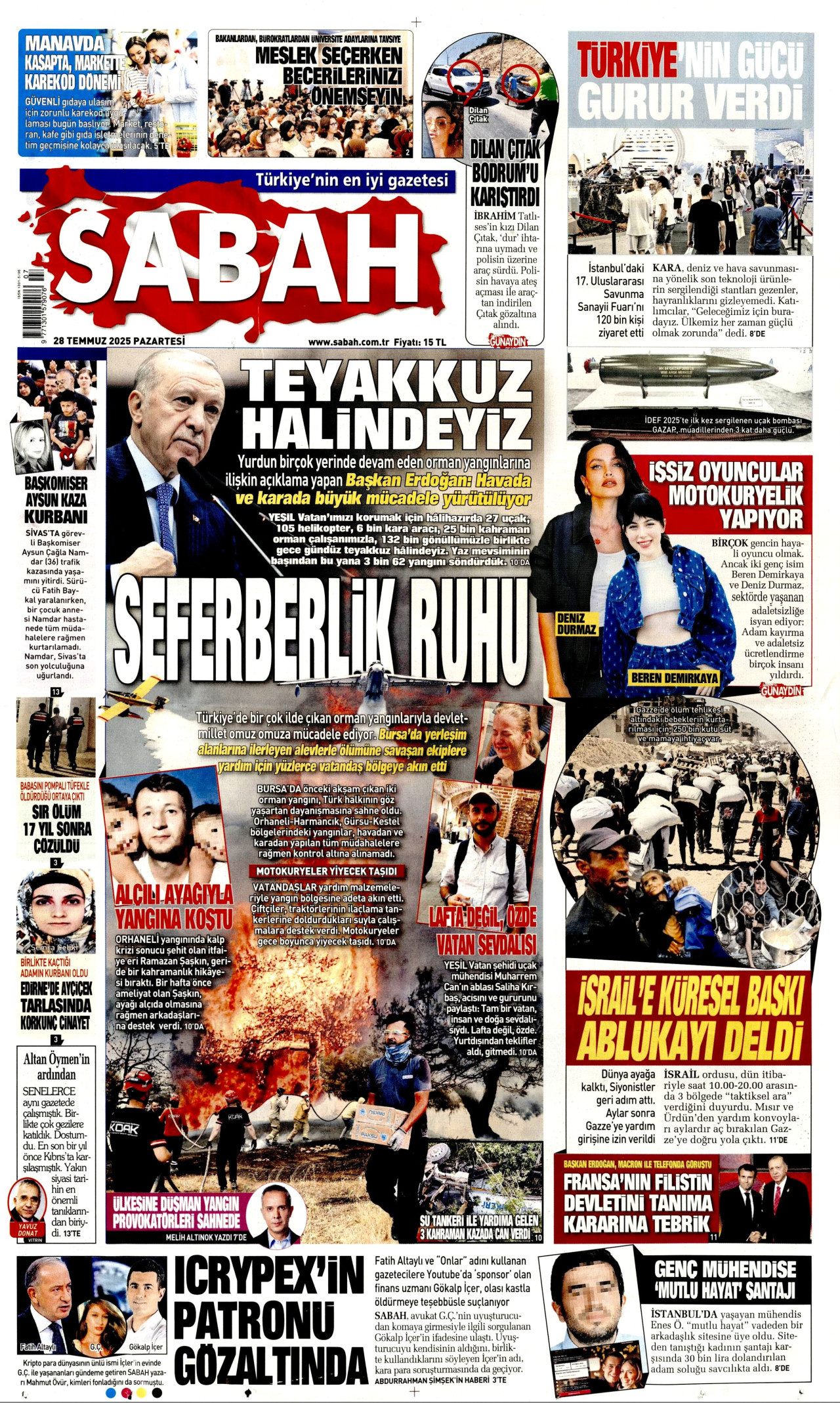 SABAH gazetesinin 28 Temmuz 2025 tarihli birinci sayfası