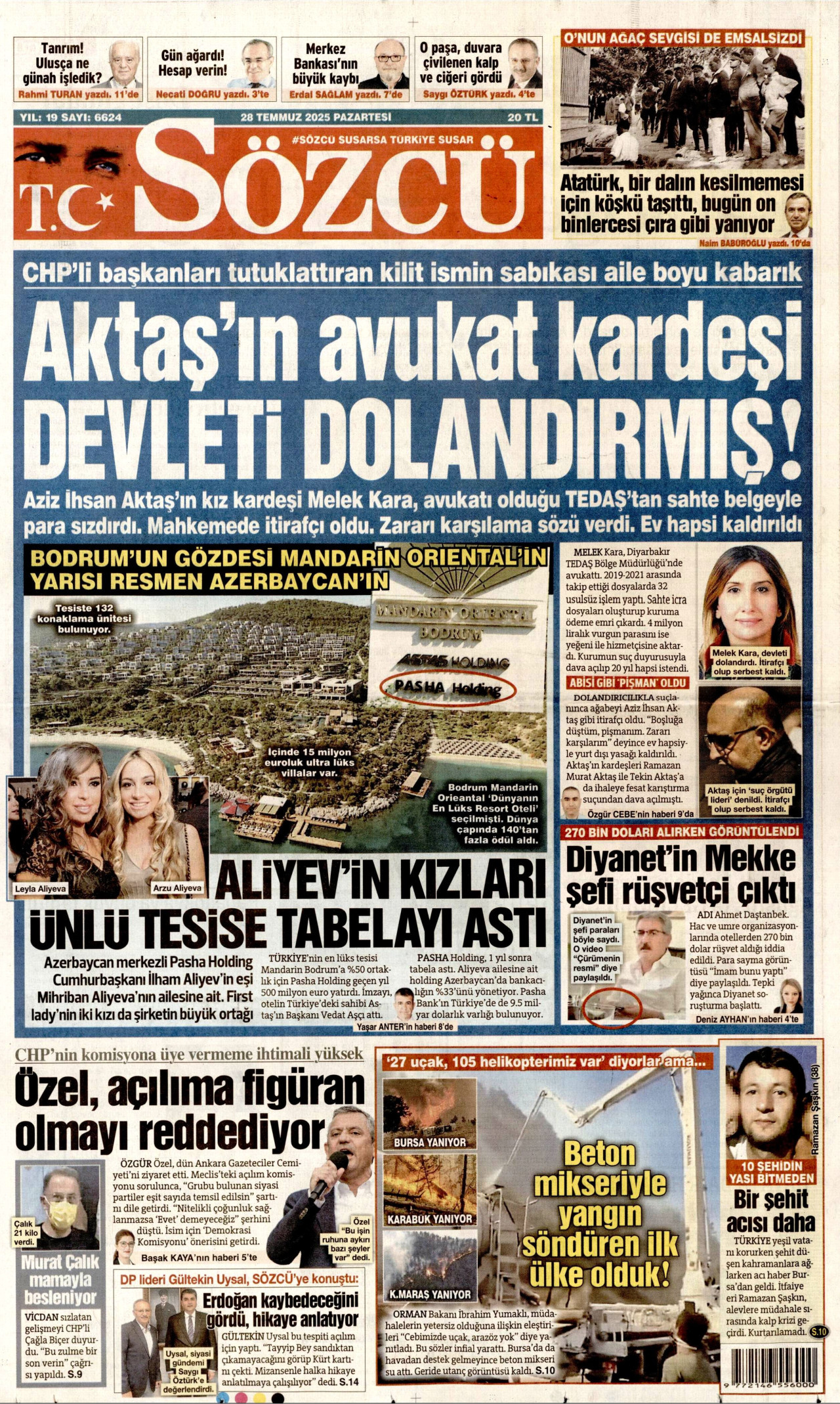 SÖZCÜ gazetesinin 28 Temmuz 2025 tarihli birinci sayfası