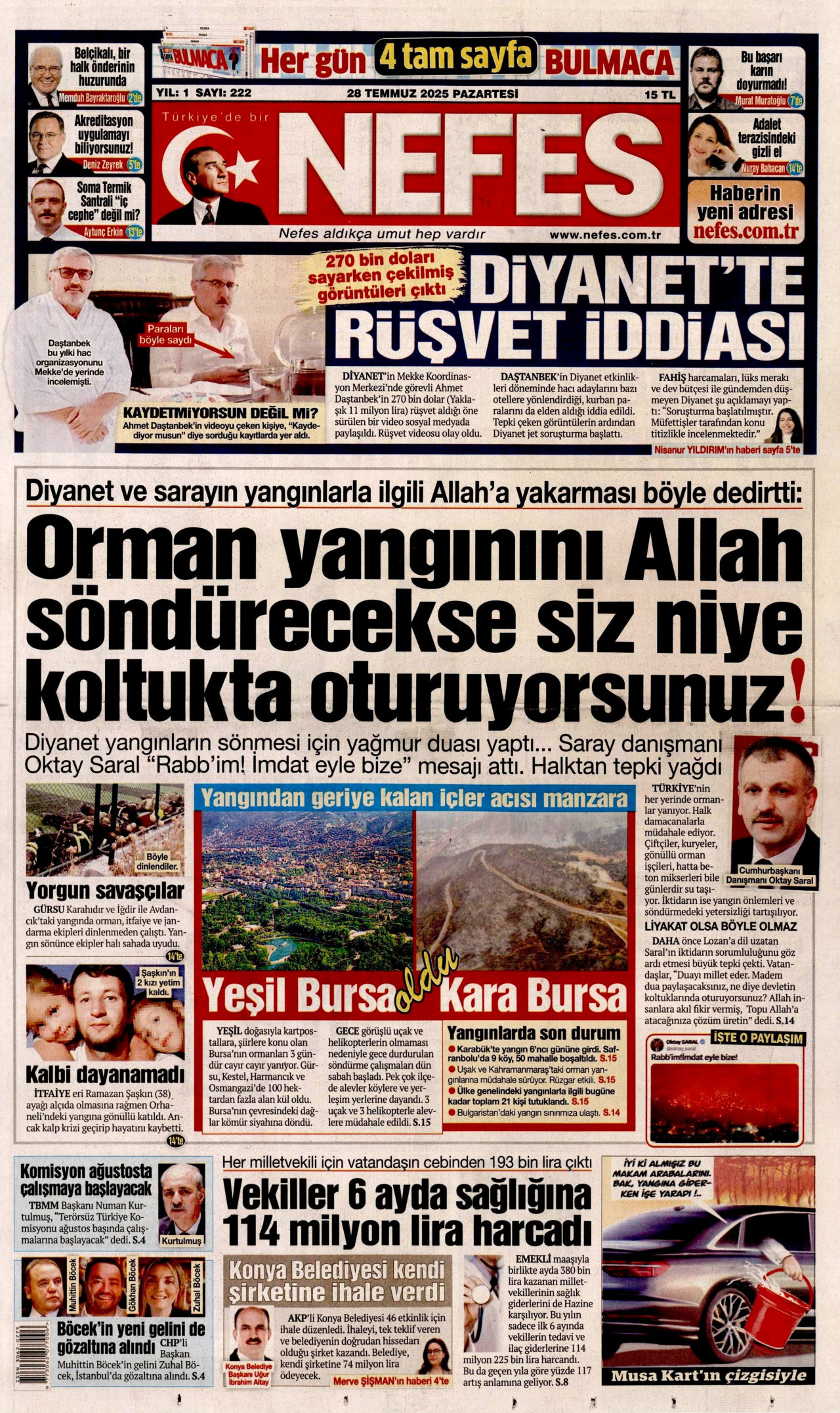 NEFES gazetesinin 28 Temmuz 2025 tarihli birinci sayfası