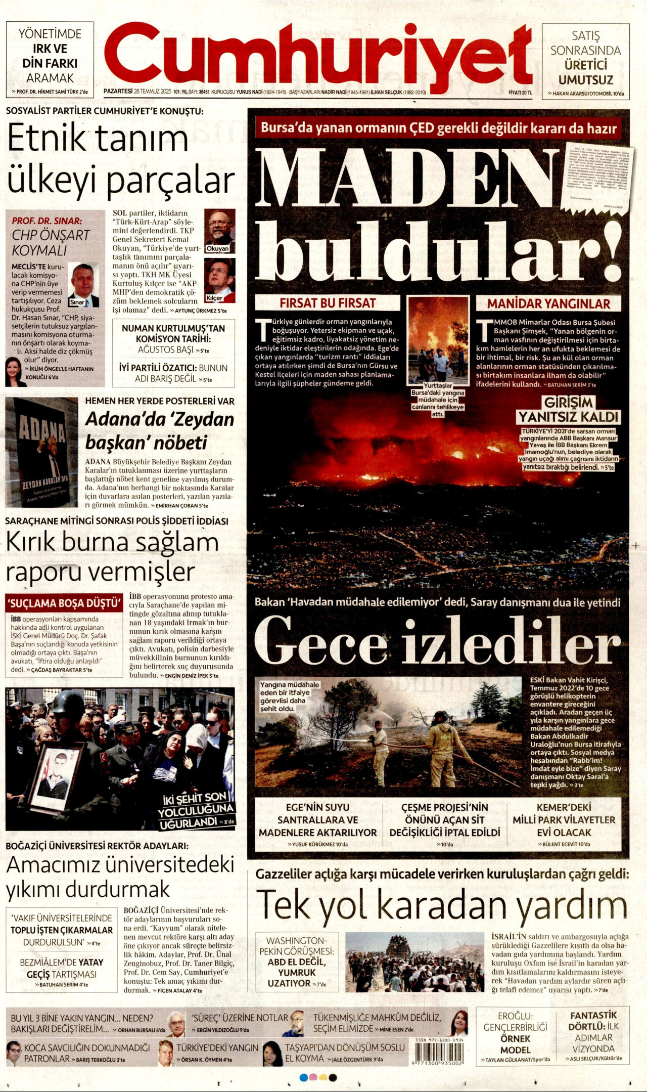 CUMHURİYET gazetesinin 28 Temmuz 2025 tarihli birinci sayfası