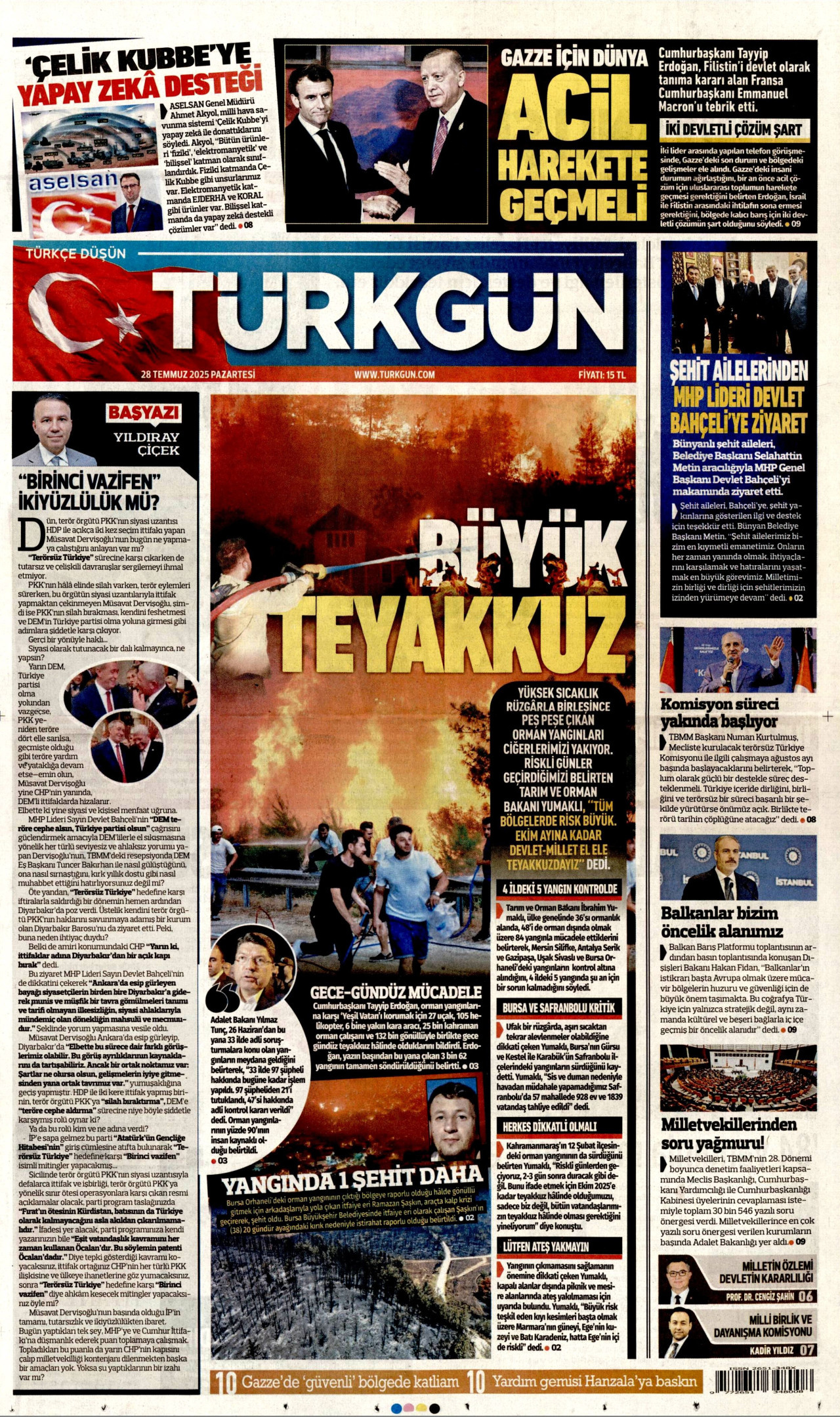 TÜRKGÜN gazetesinin 28 Temmuz 2025 tarihli birinci sayfası