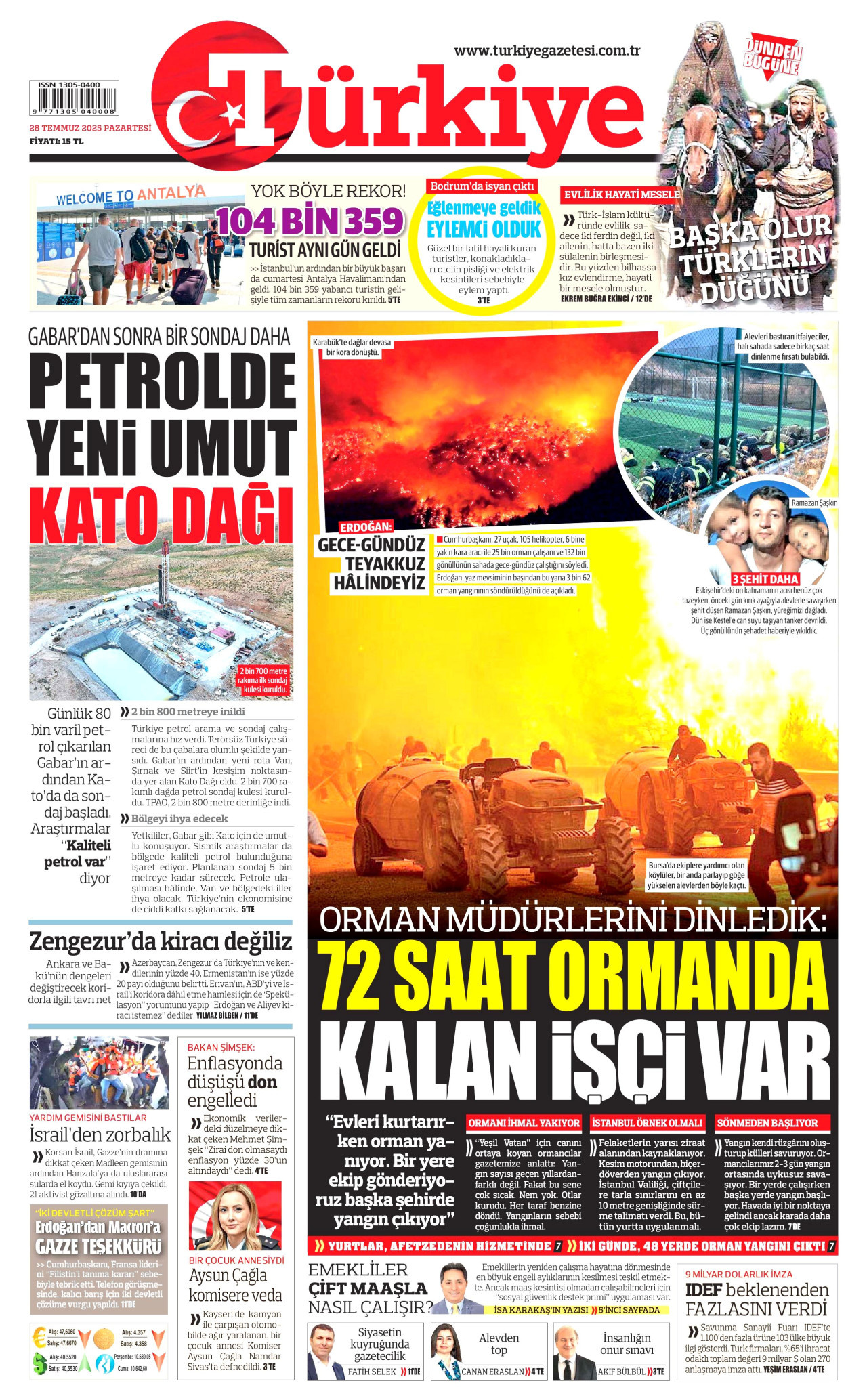 TÜRKİYE GAZETESİ gazetesinin 28 Temmuz 2025 tarihli birinci sayfası