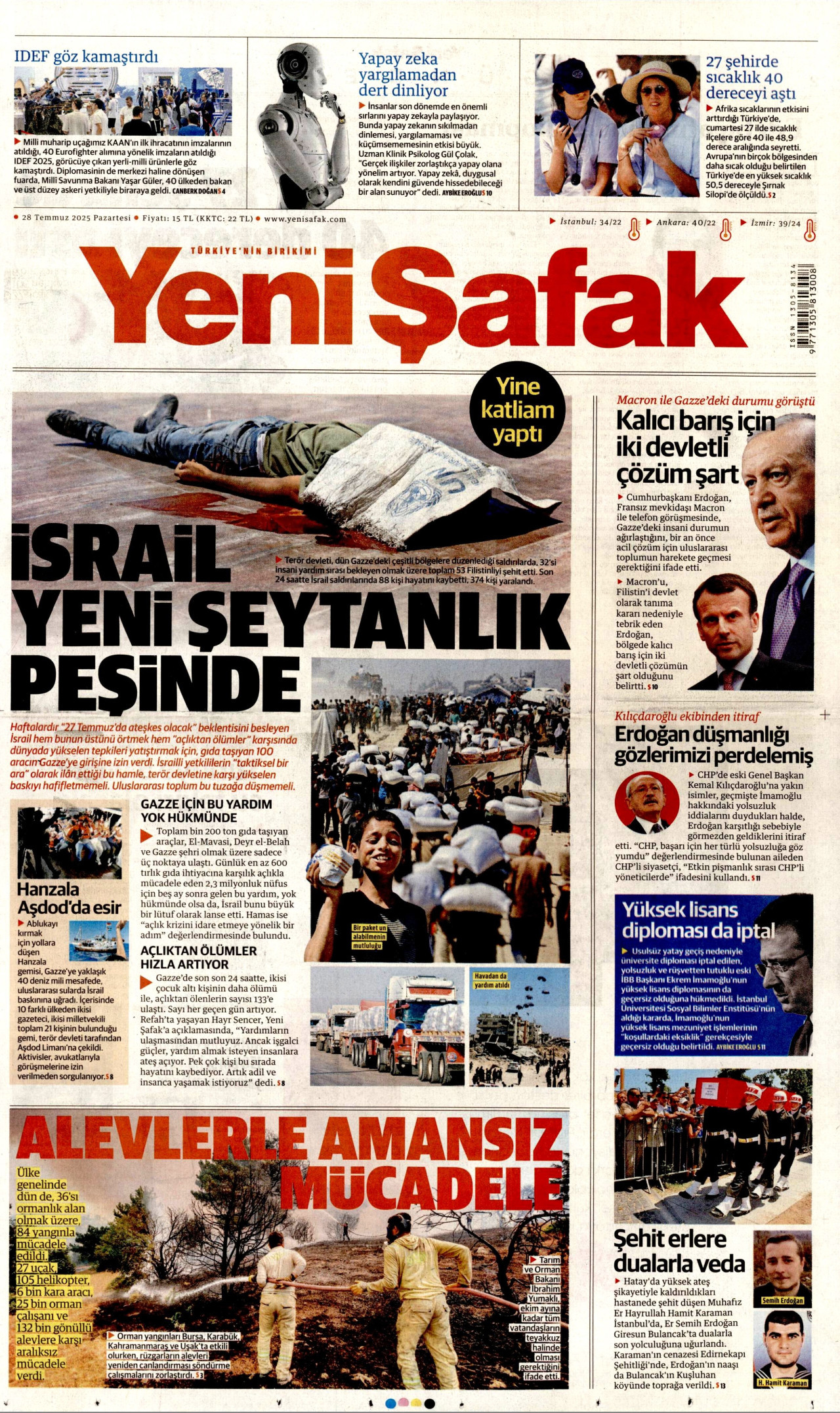 YENİ ŞAFAK gazetesinin 28 Temmuz 2025 tarihli birinci sayfası