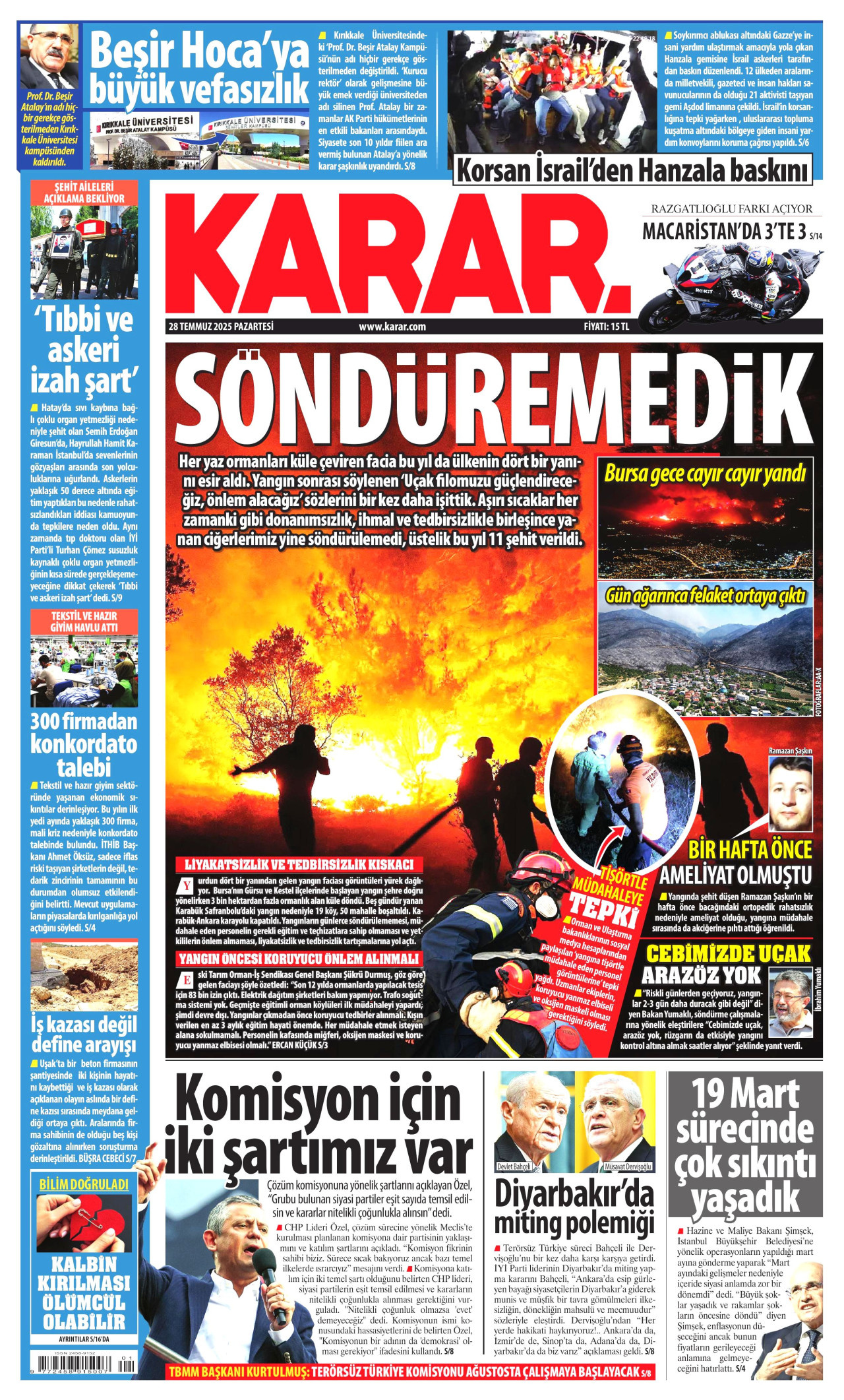 KARAR gazetesinin 28 Temmuz 2025 tarihli birinci sayfası