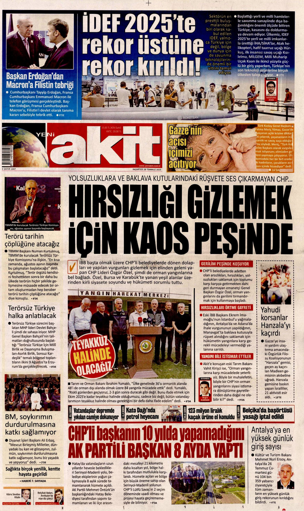 YENİ AKİT gazetesinin 28 Temmuz 2025 tarihli birinci sayfası