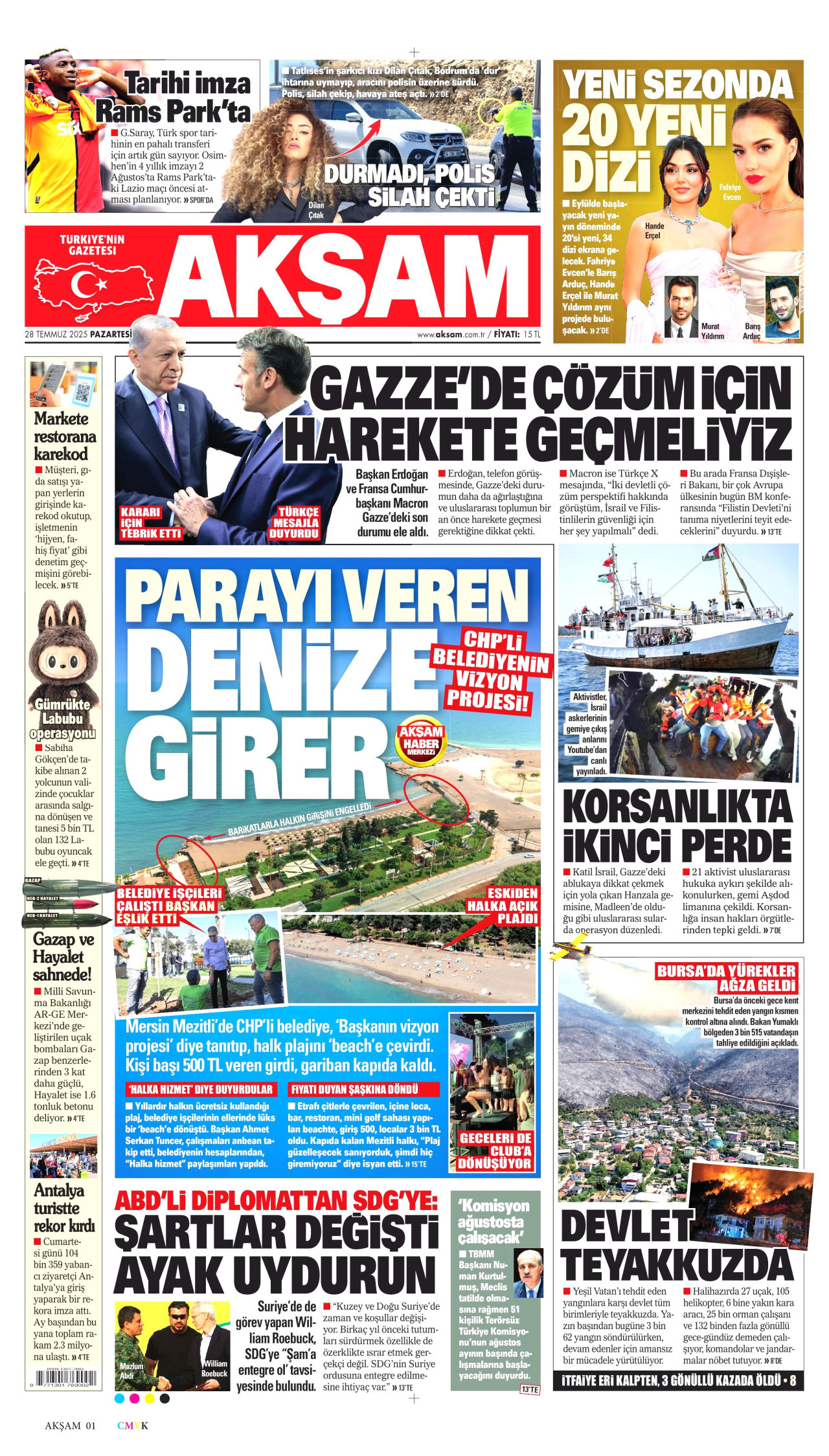 AKŞAM gazetesinin 28 Temmuz 2025 tarihli birinci sayfası