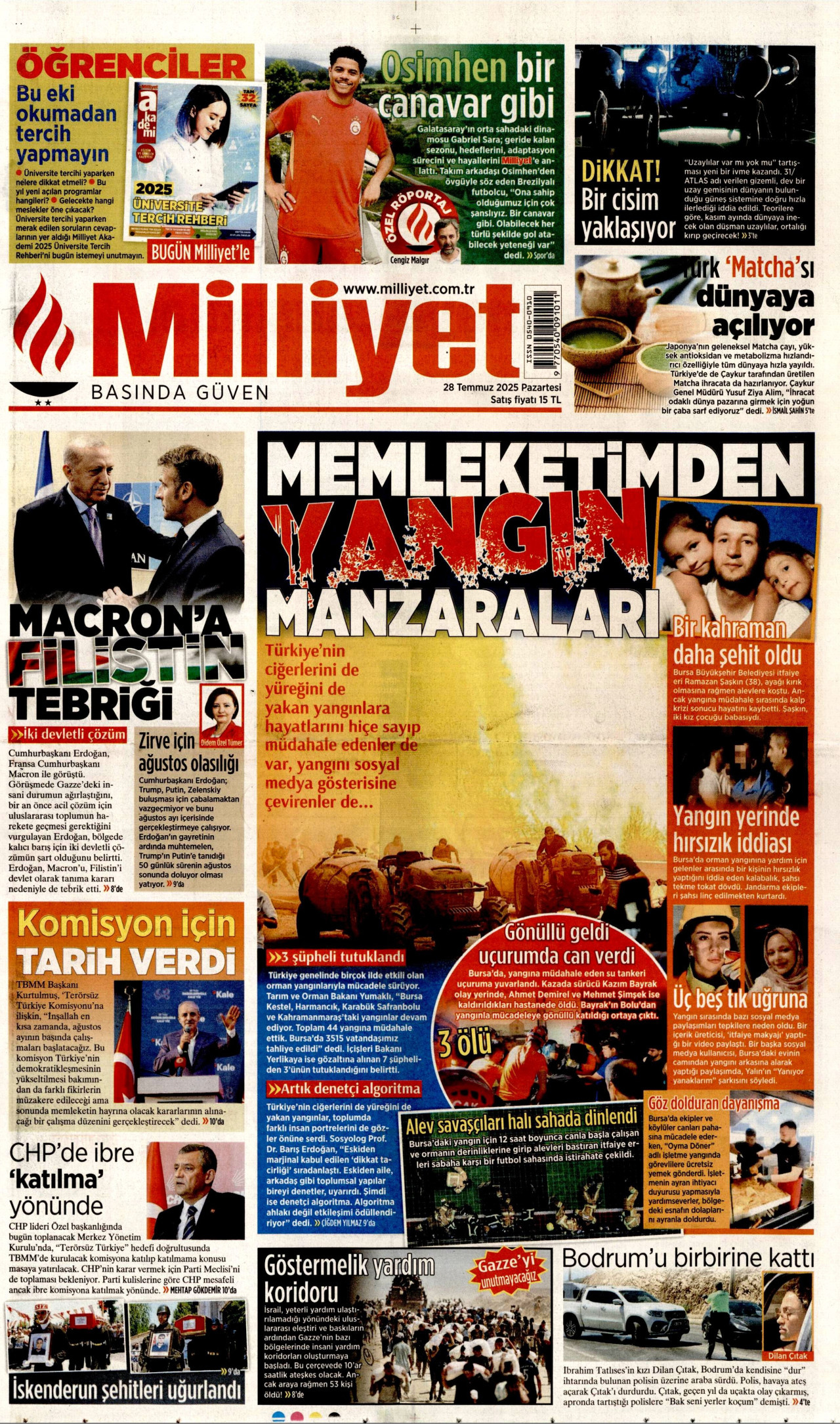 MİLLİYET gazetesinin 28 Temmuz 2025 tarihli birinci sayfası