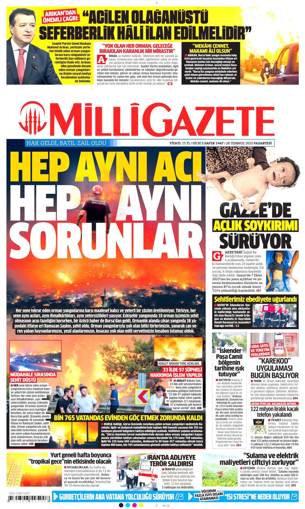 MİLLİ GAZETE gazetesinin 28 Temmuz 2025 tarihli birinci sayfası