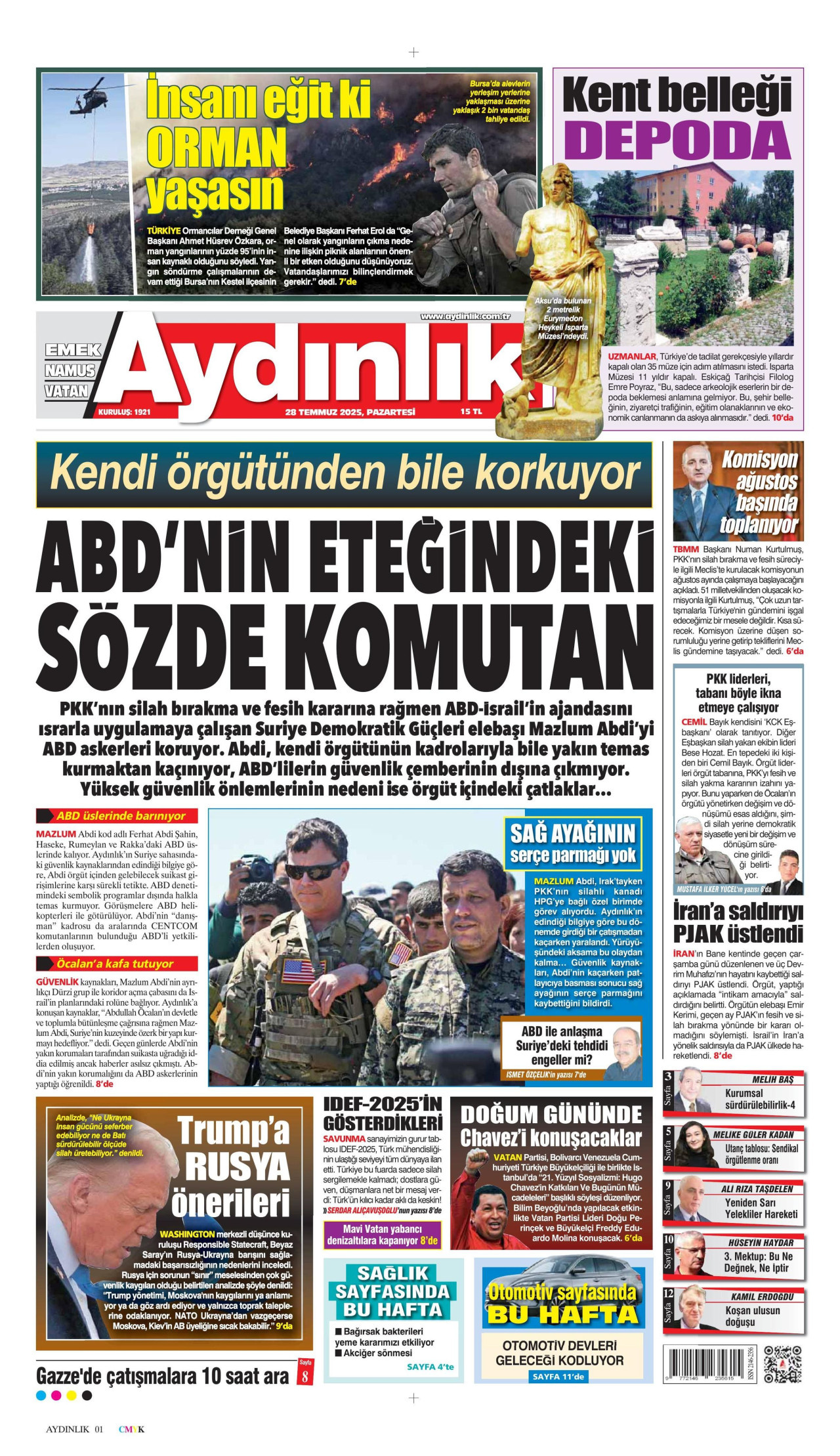 AYDINLIK GAZETESİ gazetesinin 28 Temmuz 2025 tarihli birinci sayfası
