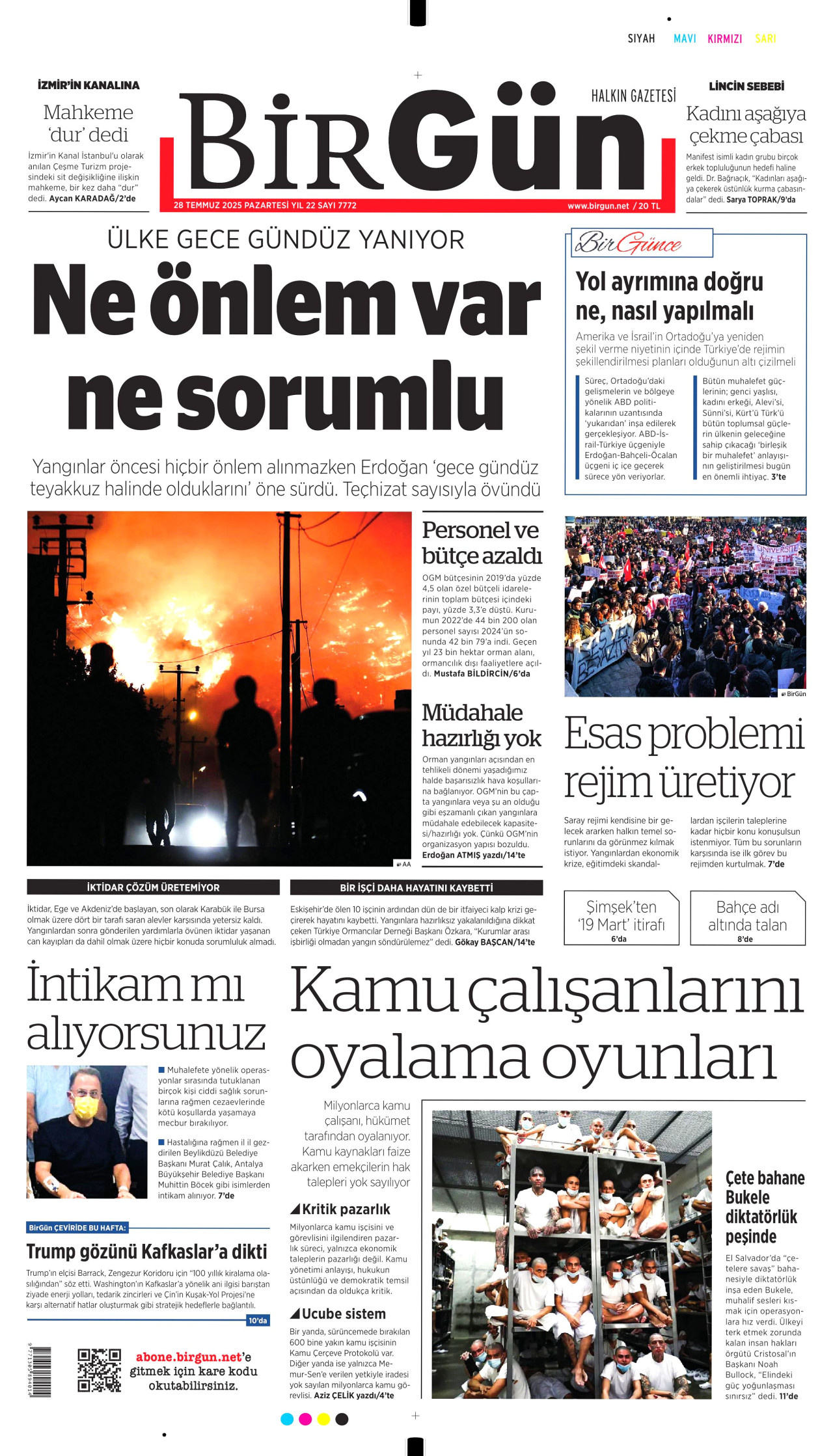 BİRGÜN gazetesinin 28 Temmuz 2025 tarihli birinci sayfası
