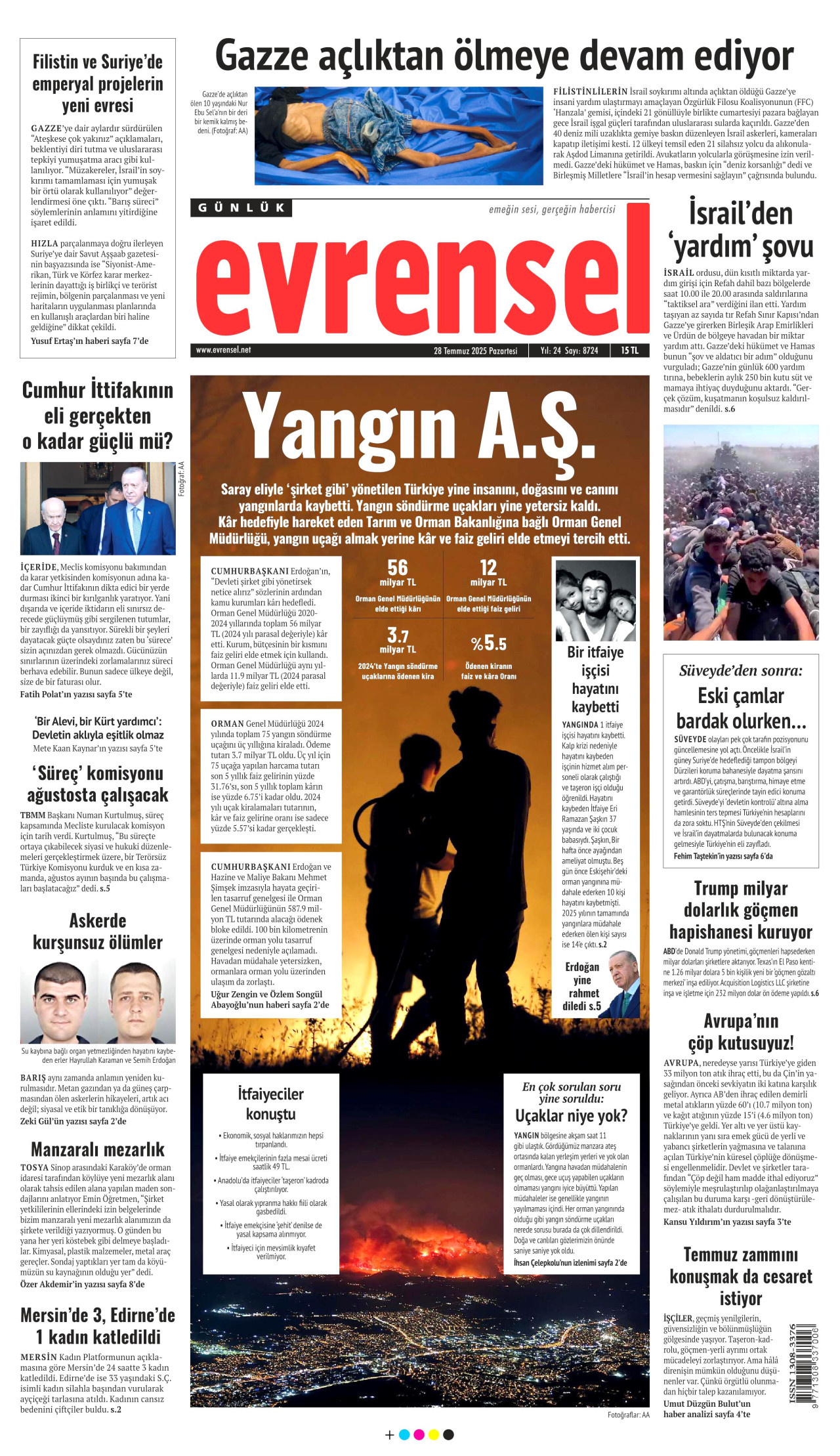 EVRENSEL gazetesinin 28 Temmuz 2025 tarihli birinci sayfası