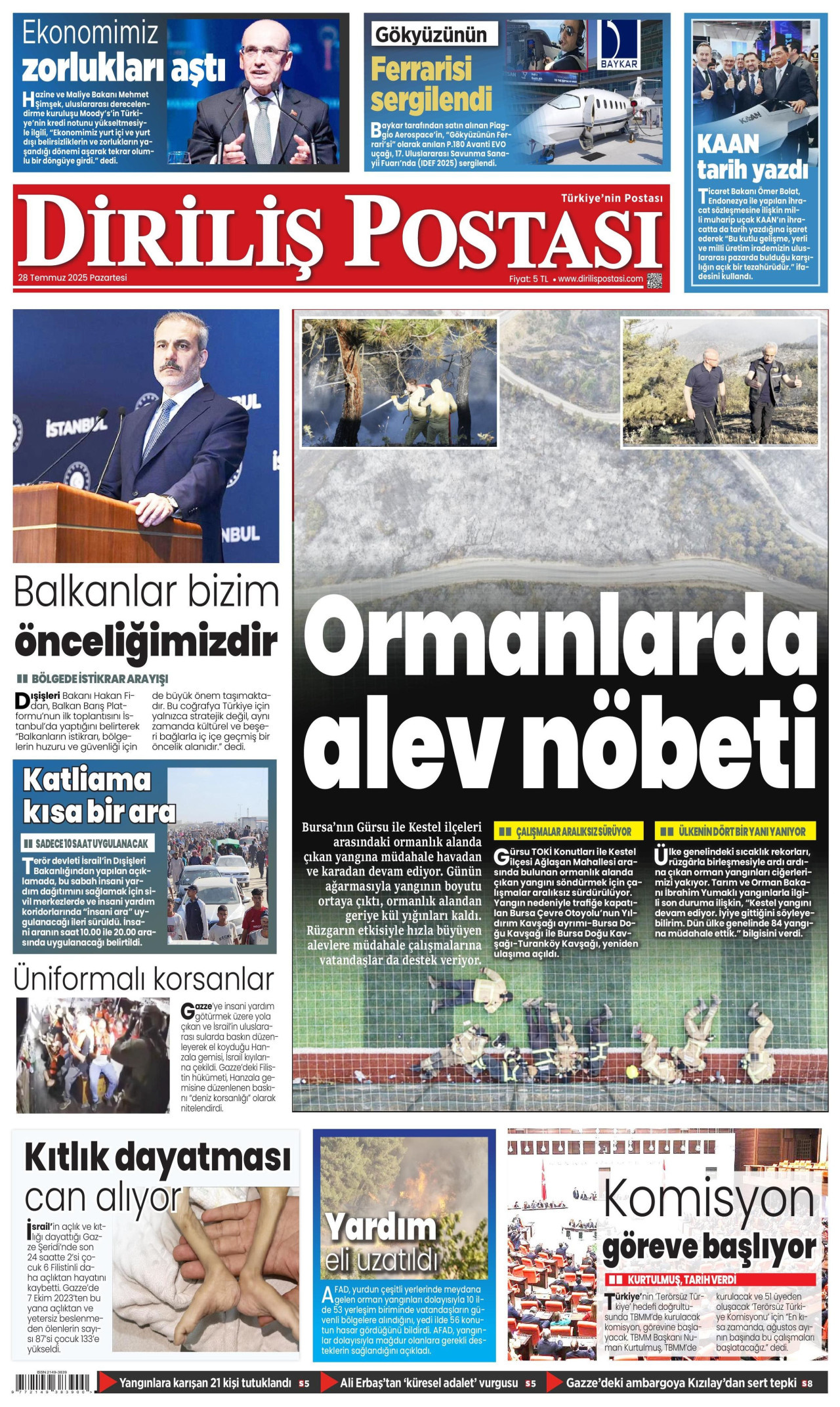 DİRİLİŞ POSTASI gazetesinin 28 Temmuz 2025 tarihli birinci sayfası