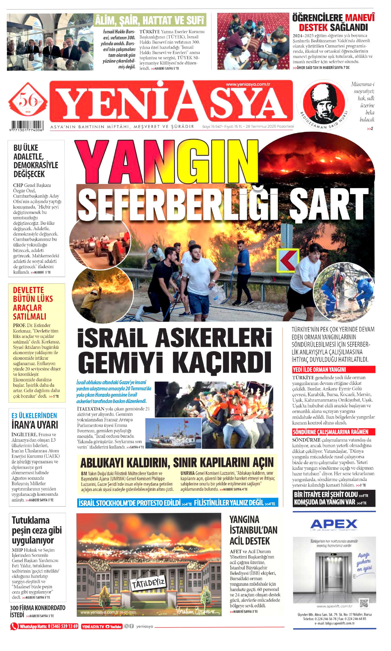 YENİ ASYA gazetesinin 28 Temmuz 2025 tarihli birinci sayfası