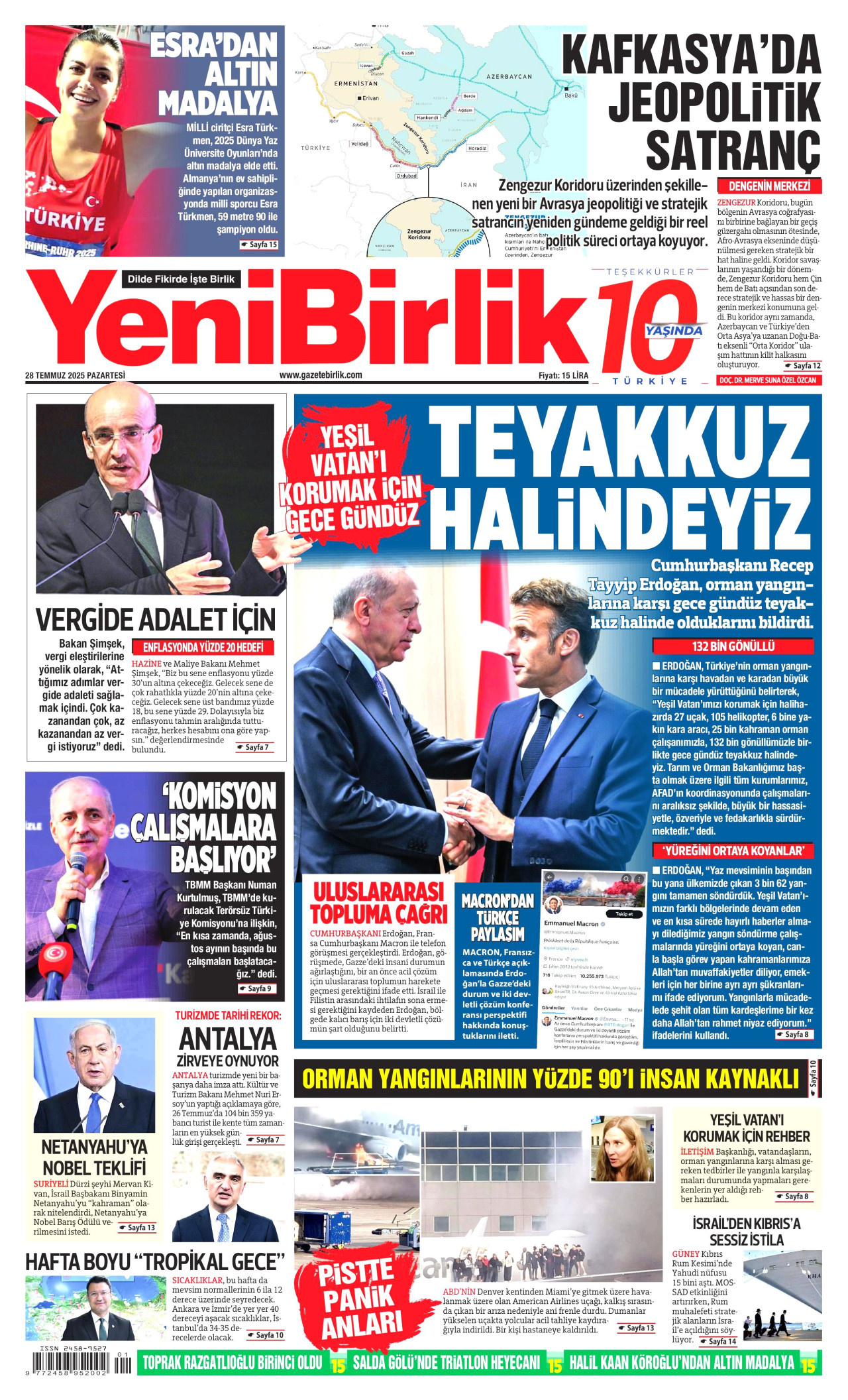 YENİBİRLİK gazetesinin 28 Temmuz 2025 tarihli birinci sayfası