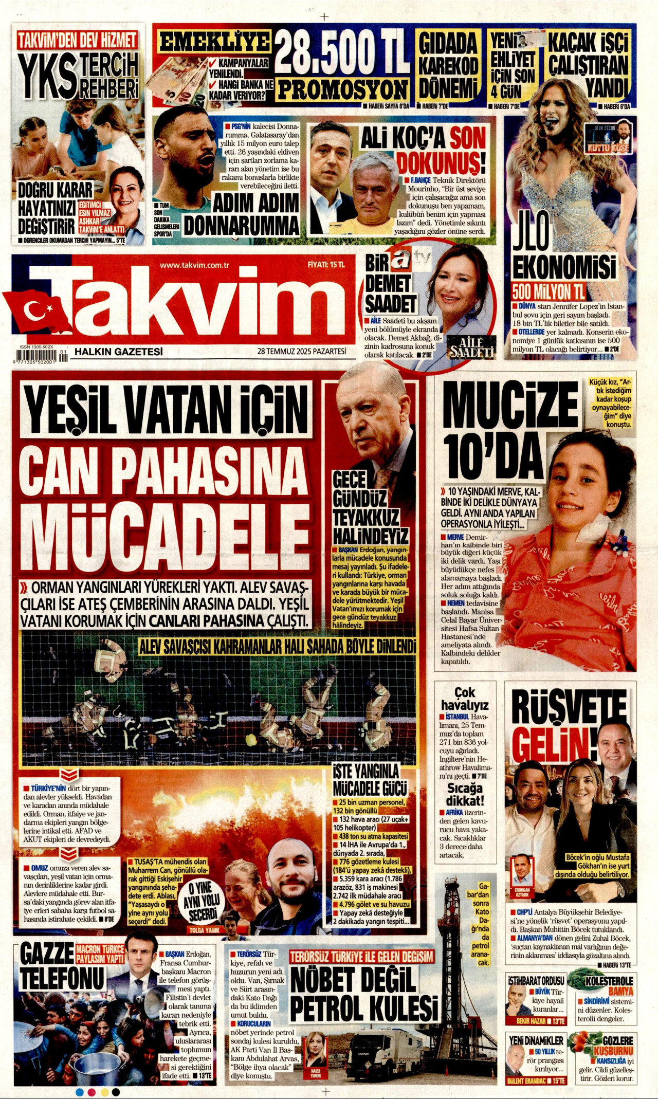 TAKVİM gazetesinin 28 Temmuz 2025 tarihli birinci sayfası