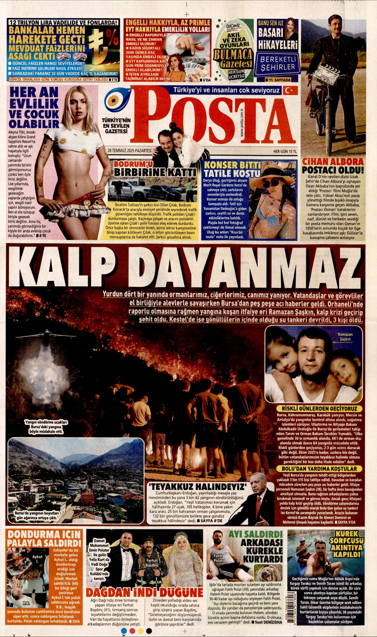 POSTA gazetesinin 28 Temmuz 2025 tarihli birinci sayfası