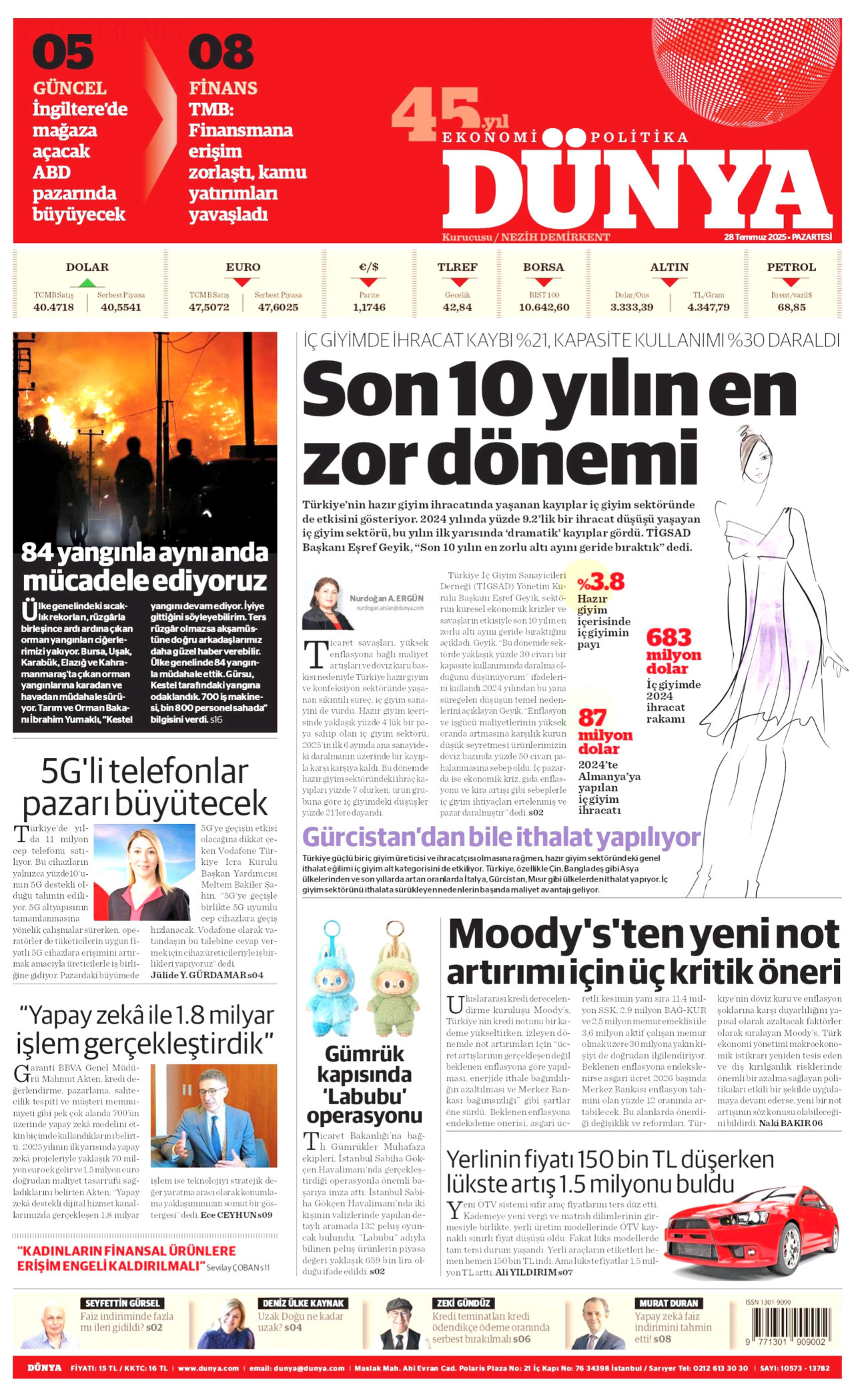 DÜNYA gazetesinin 28 Temmuz 2025 tarihli birinci sayfası