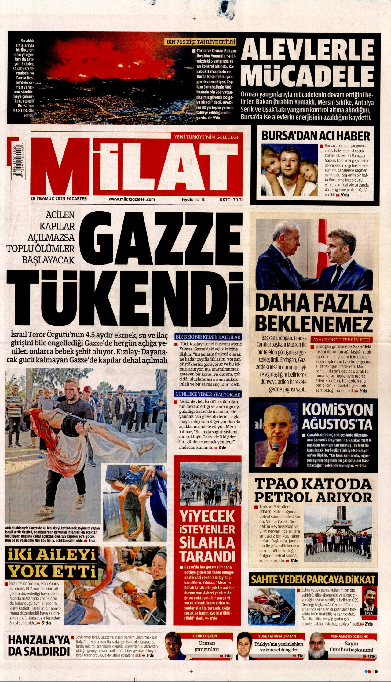 MİLAT gazetesinin 28 Temmuz 2025 tarihli birinci sayfası