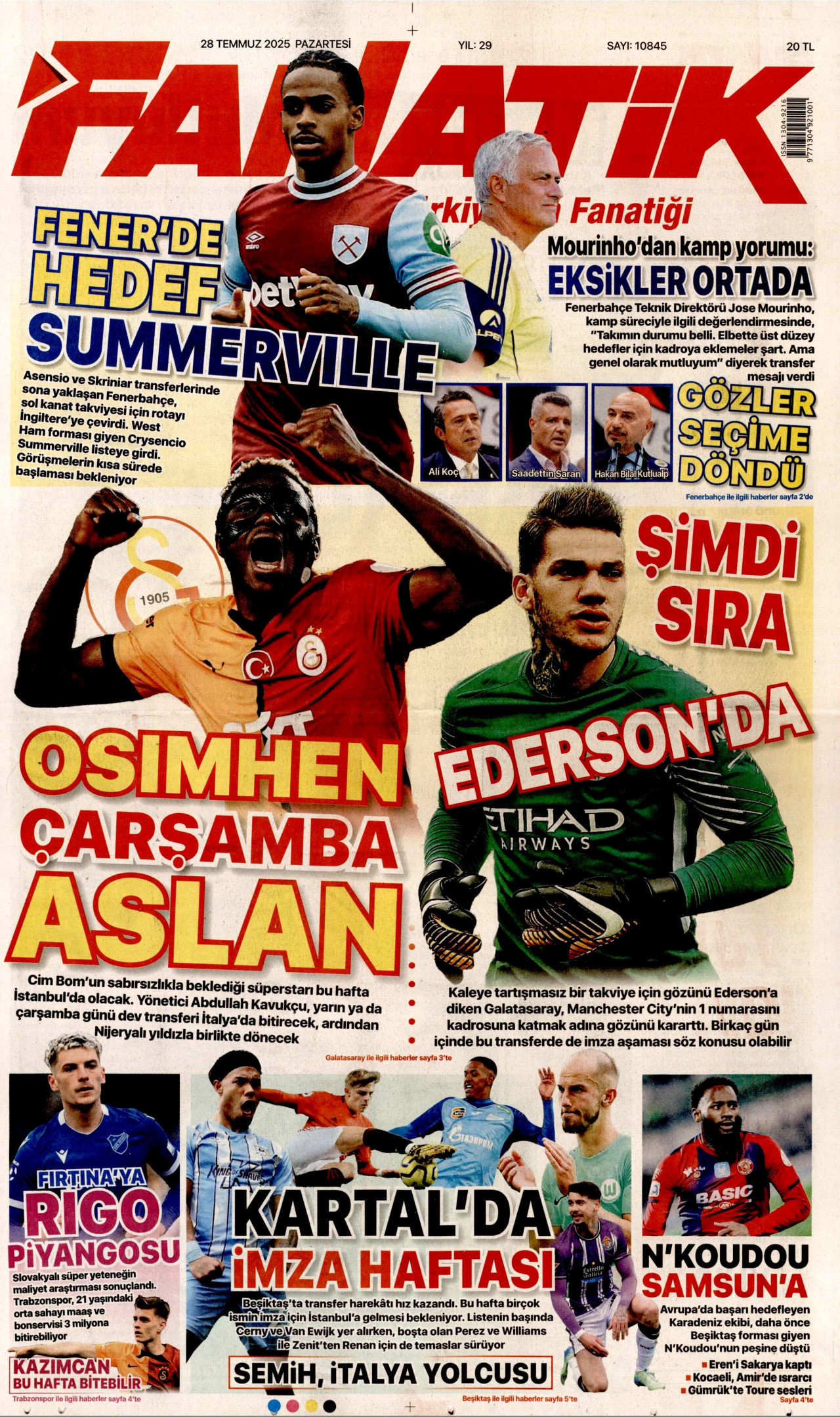 FANATİK gazetesinin 28 Temmuz 2025 tarihli birinci sayfası