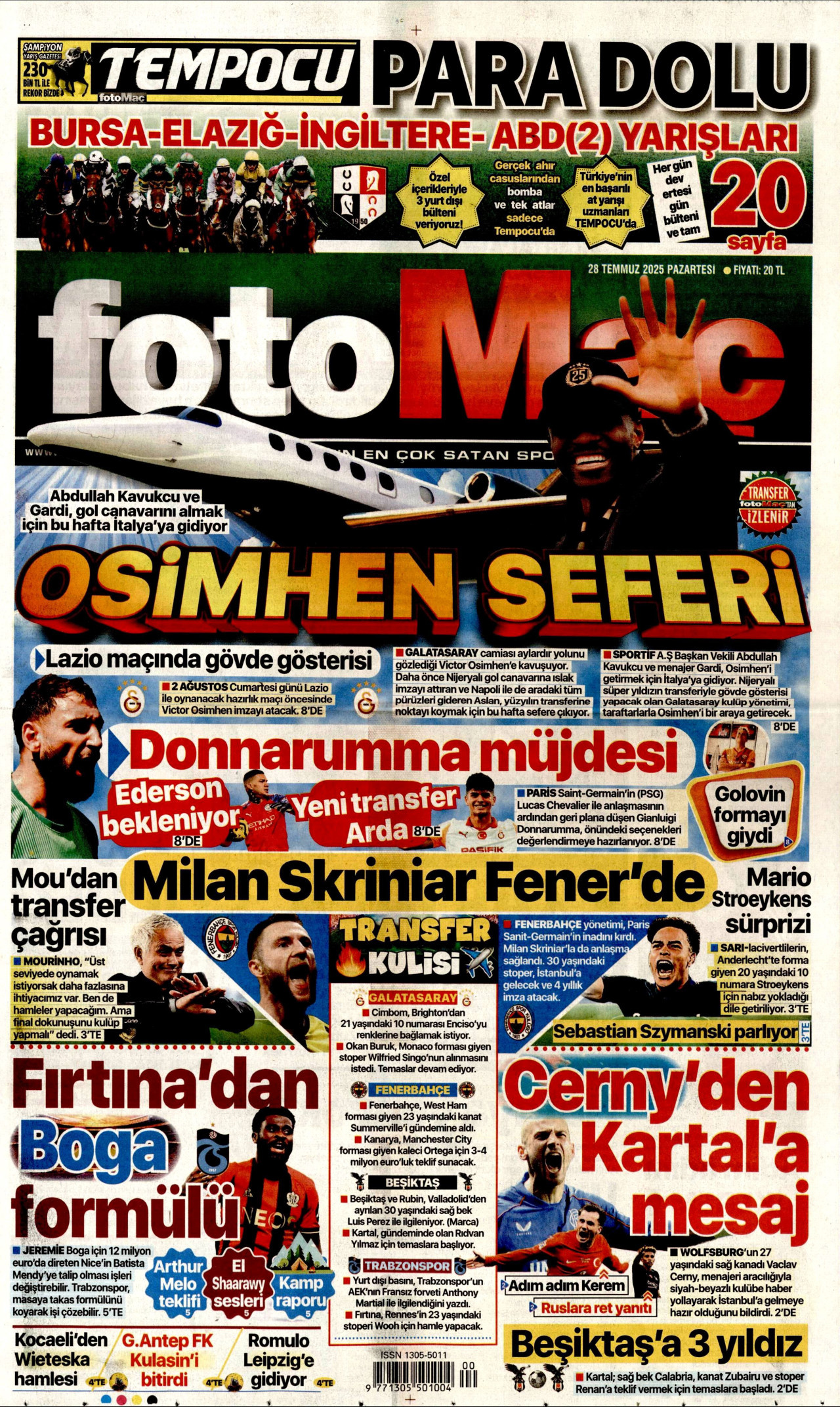 FOTOMAÇ gazetesinin 28 Temmuz 2025 tarihli birinci sayfası