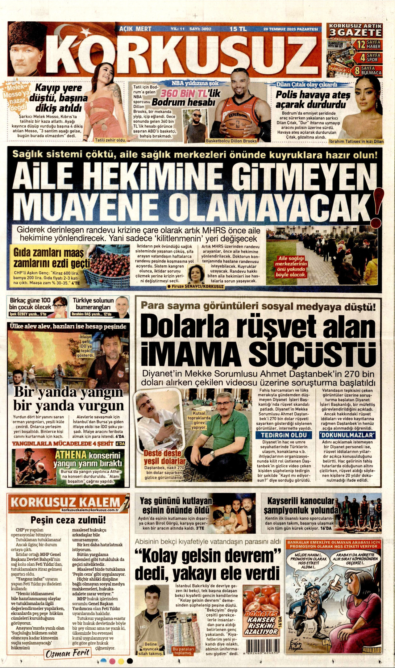 KORKUSUZ gazetesinin 28 Temmuz 2025 tarihli birinci sayfası
