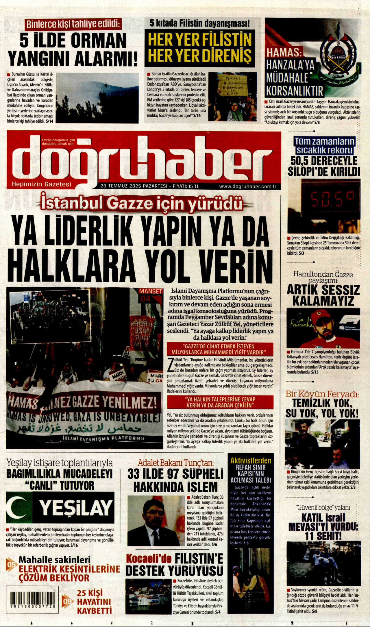 DOĞRU HABER gazetesinin 28 Temmuz 2025 tarihli birinci sayfası