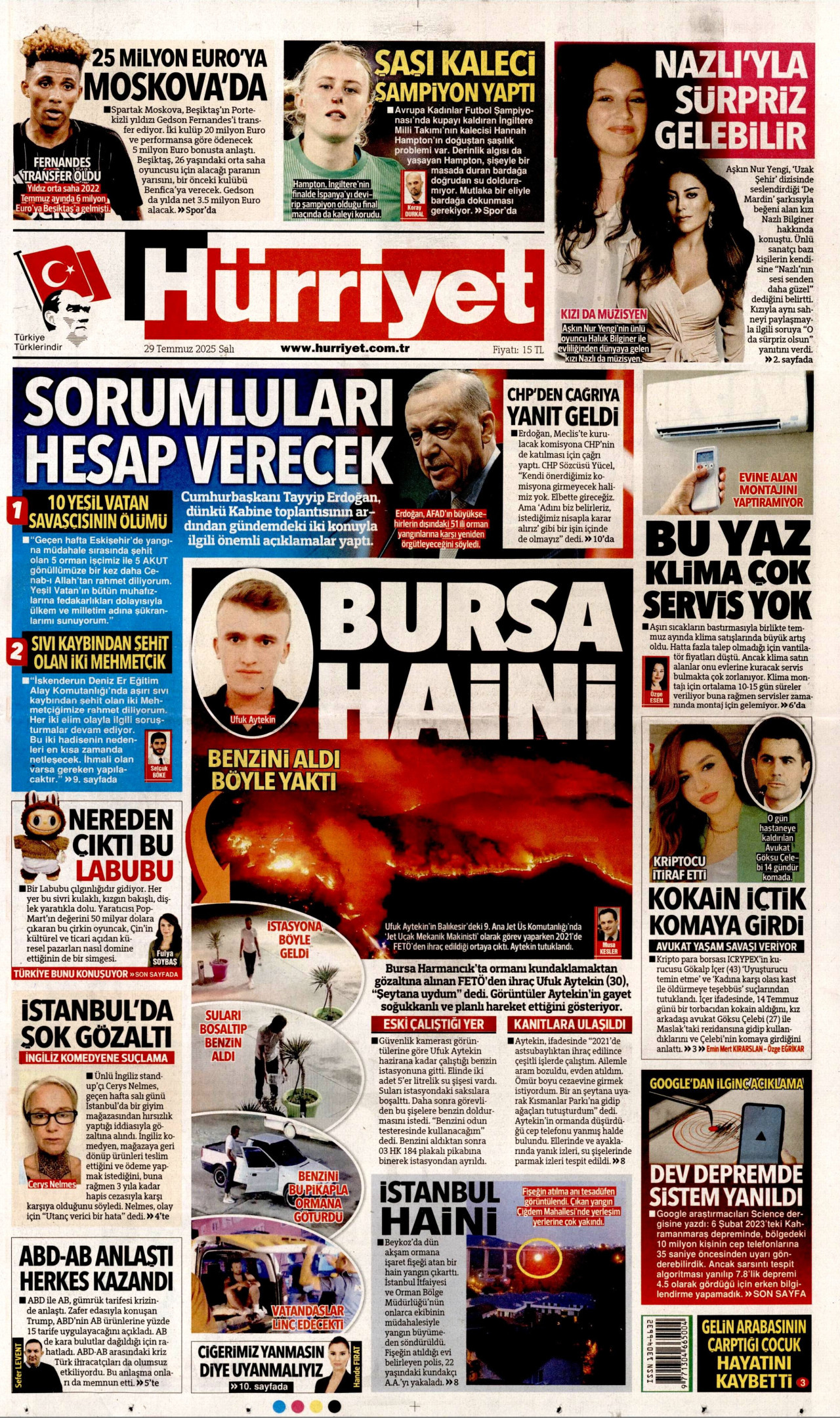 HÜRRİYET gazetesinin 29 Temmuz 2025 tarihli birinci sayfası
