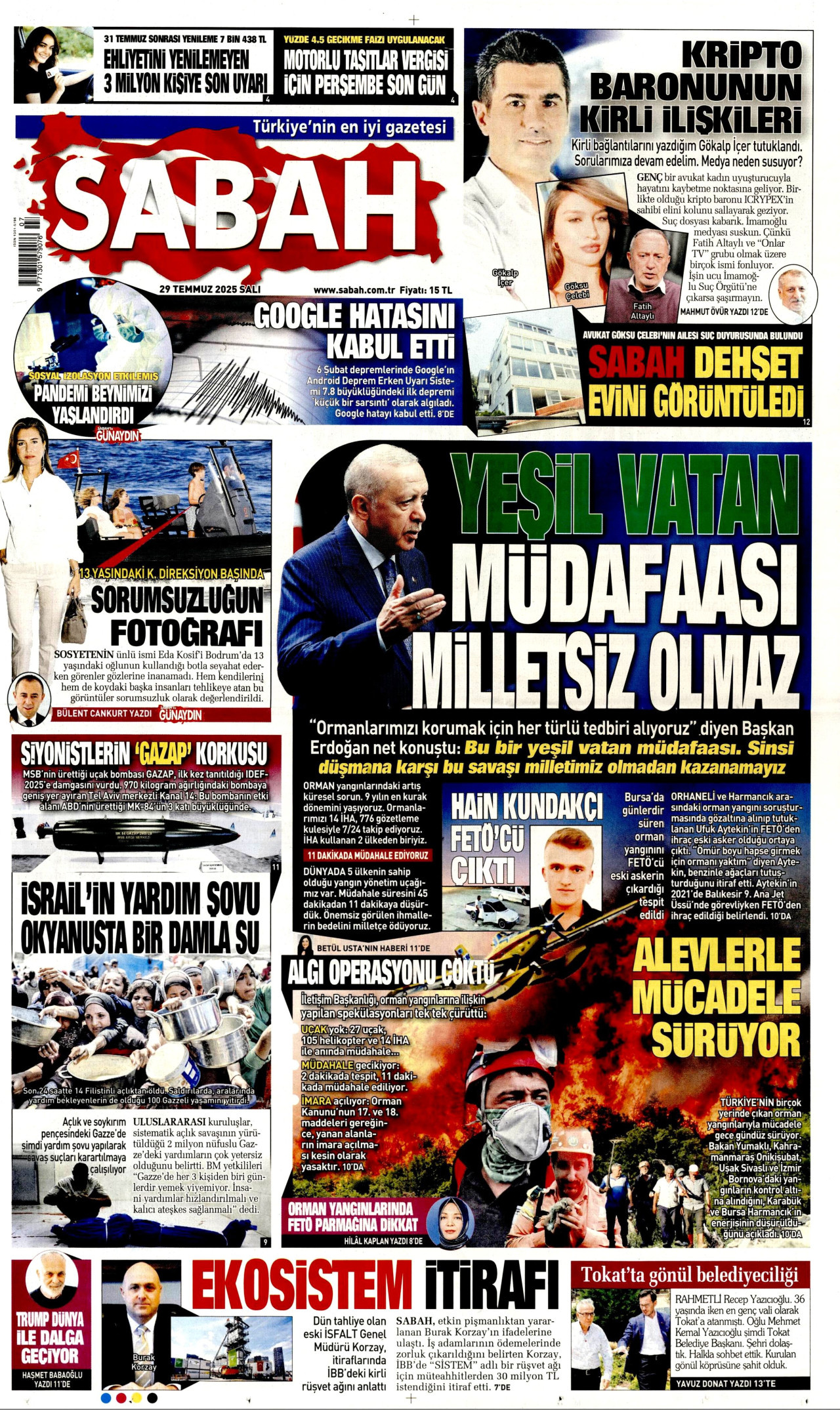 SABAH gazetesinin 29 Temmuz 2025 tarihli birinci sayfası