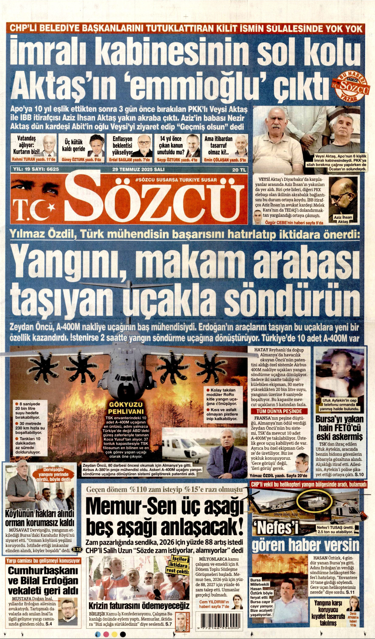 SÖZCÜ gazetesinin 29 Temmuz 2025 tarihli birinci sayfası