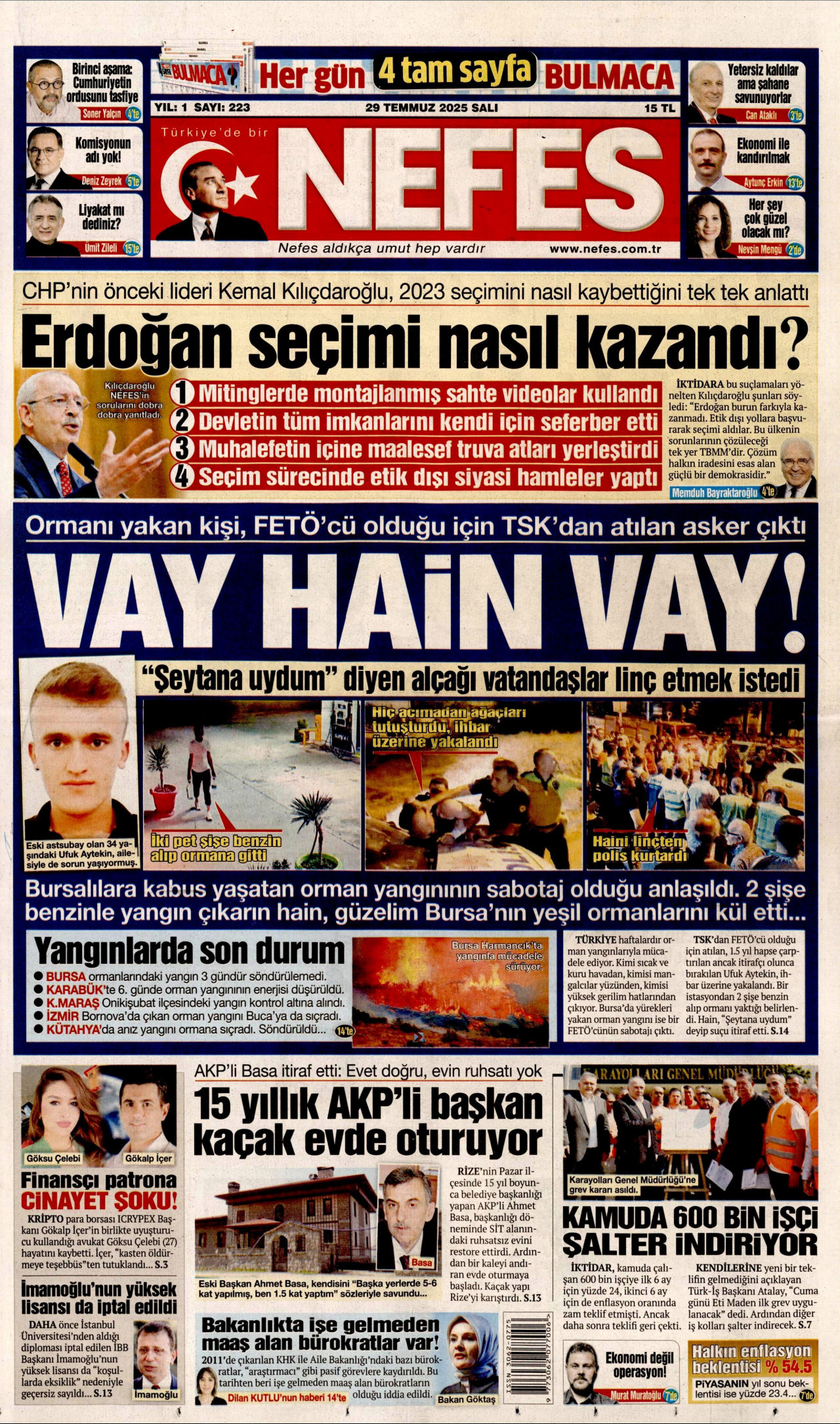 NEFES gazetesinin 29 Temmuz 2025 tarihli birinci sayfası