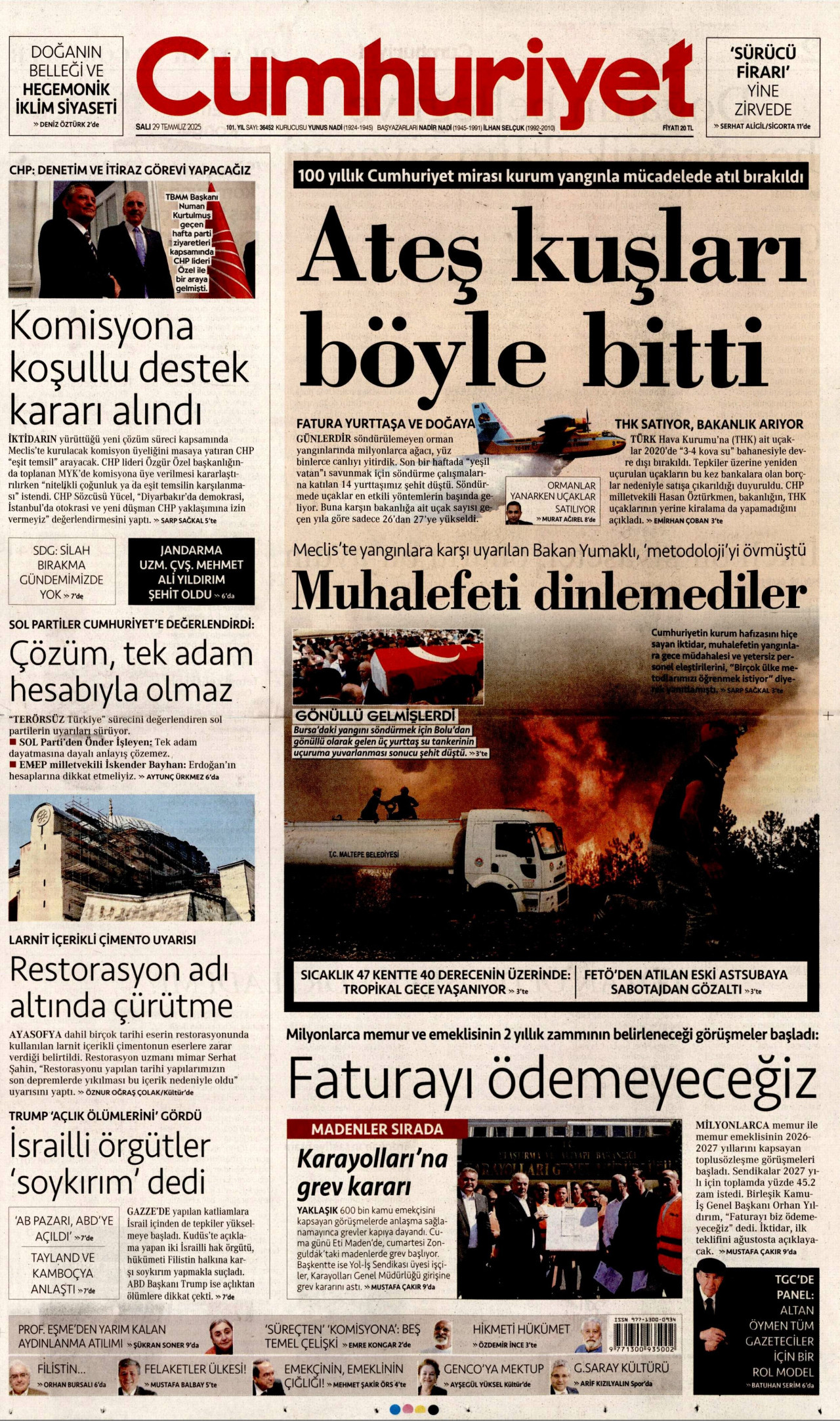CUMHURİYET gazetesinin 29 Temmuz 2025 tarihli birinci sayfası