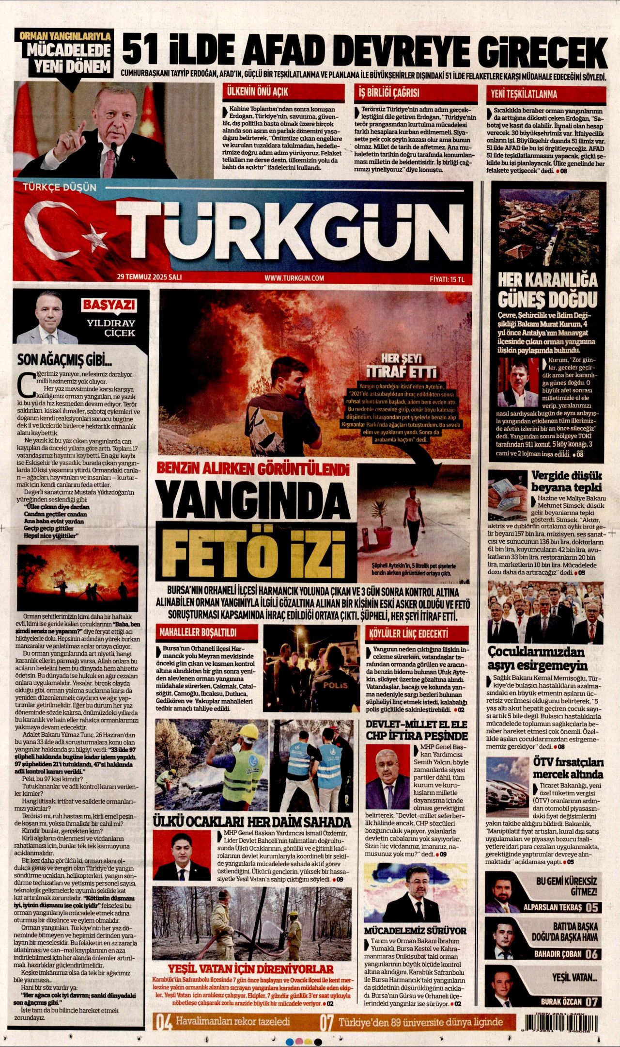 TÜRKGÜN gazetesinin 29 Temmuz 2025 tarihli birinci sayfası